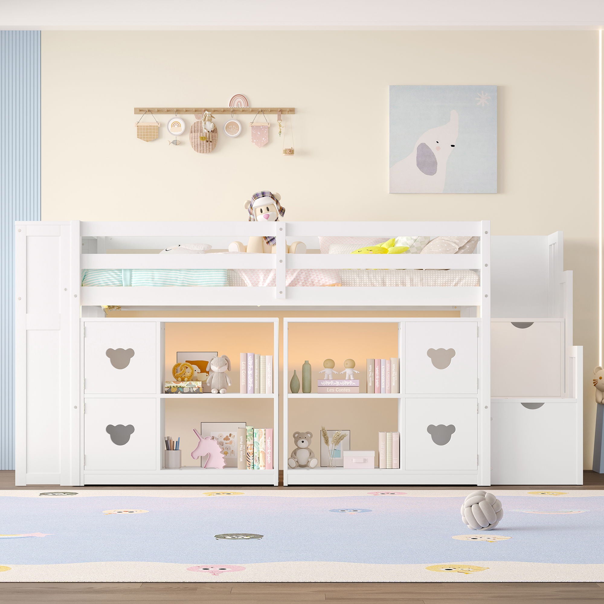 Loft Bed With Storage Cabinets, Staircase Drawers & LED Lights
