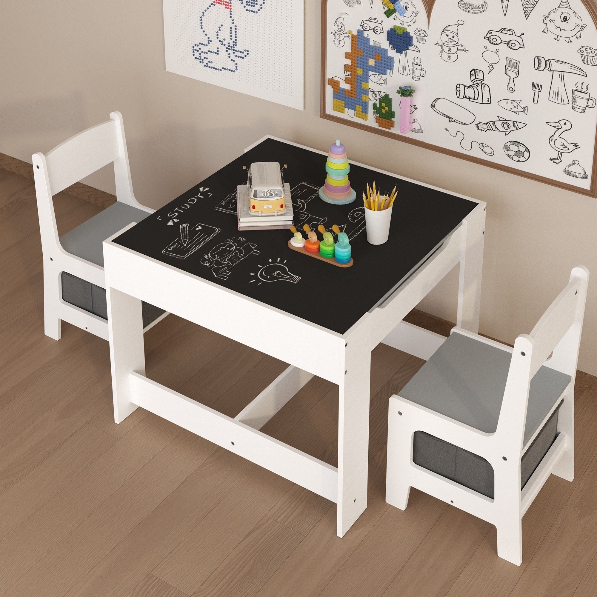 Kids Table And Chair Set, 3 In 1 Activity Table With Storage Drawer For Toddlers Drawing, Reading, Crafts, 2 In 1 Detachable Top - White