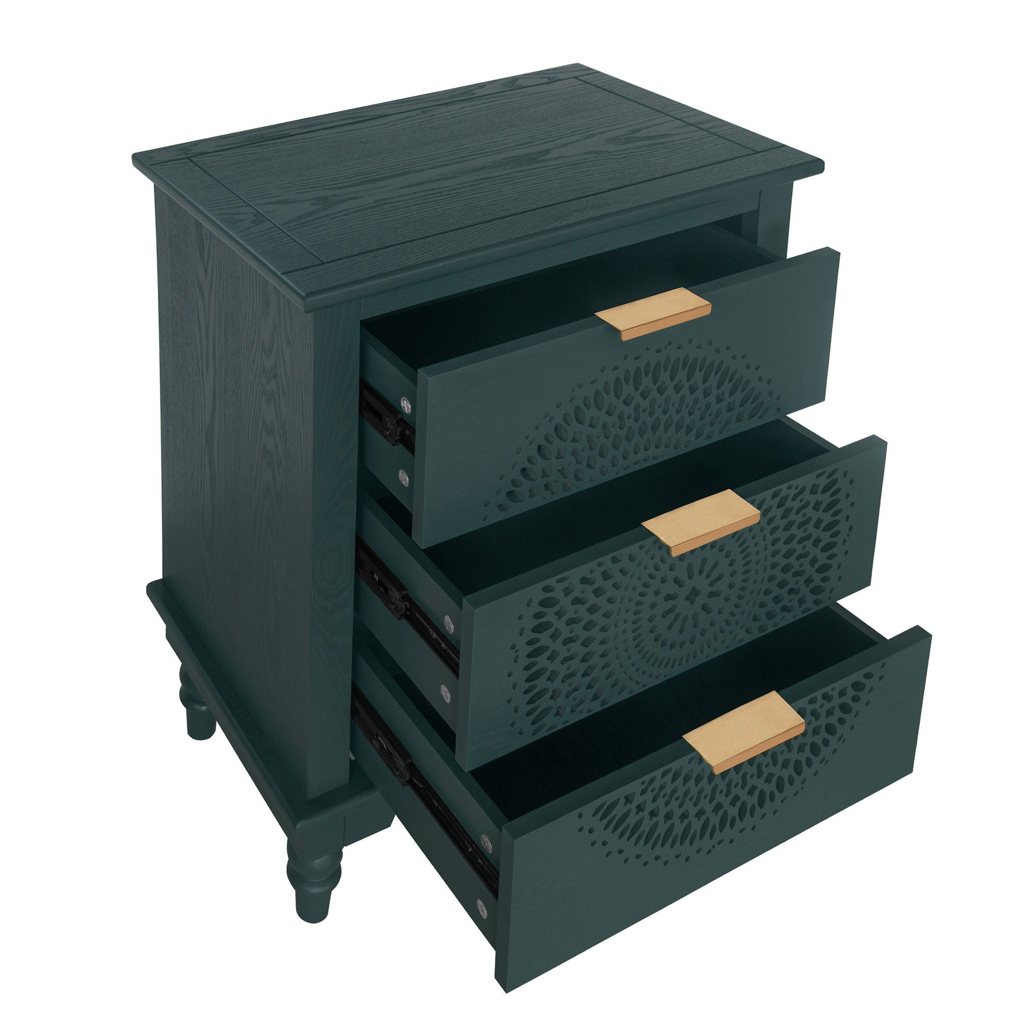 Hollow Carved 3 Drawer Dresser With Metal Handles, Storage Chest For Living Room Or Bedroom - Blackish Green