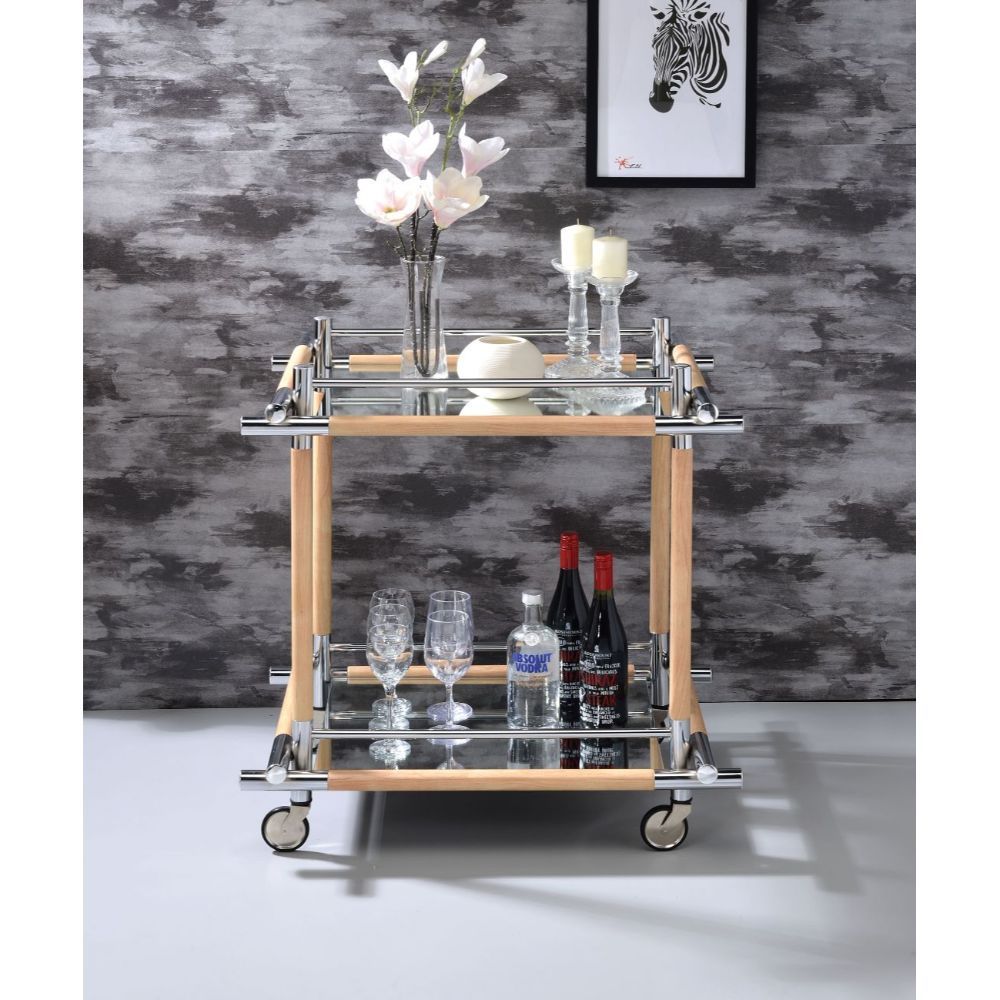 ACME Mylandra - Serving Cart - Chrome, Natural & Mirror | Meri Furniture