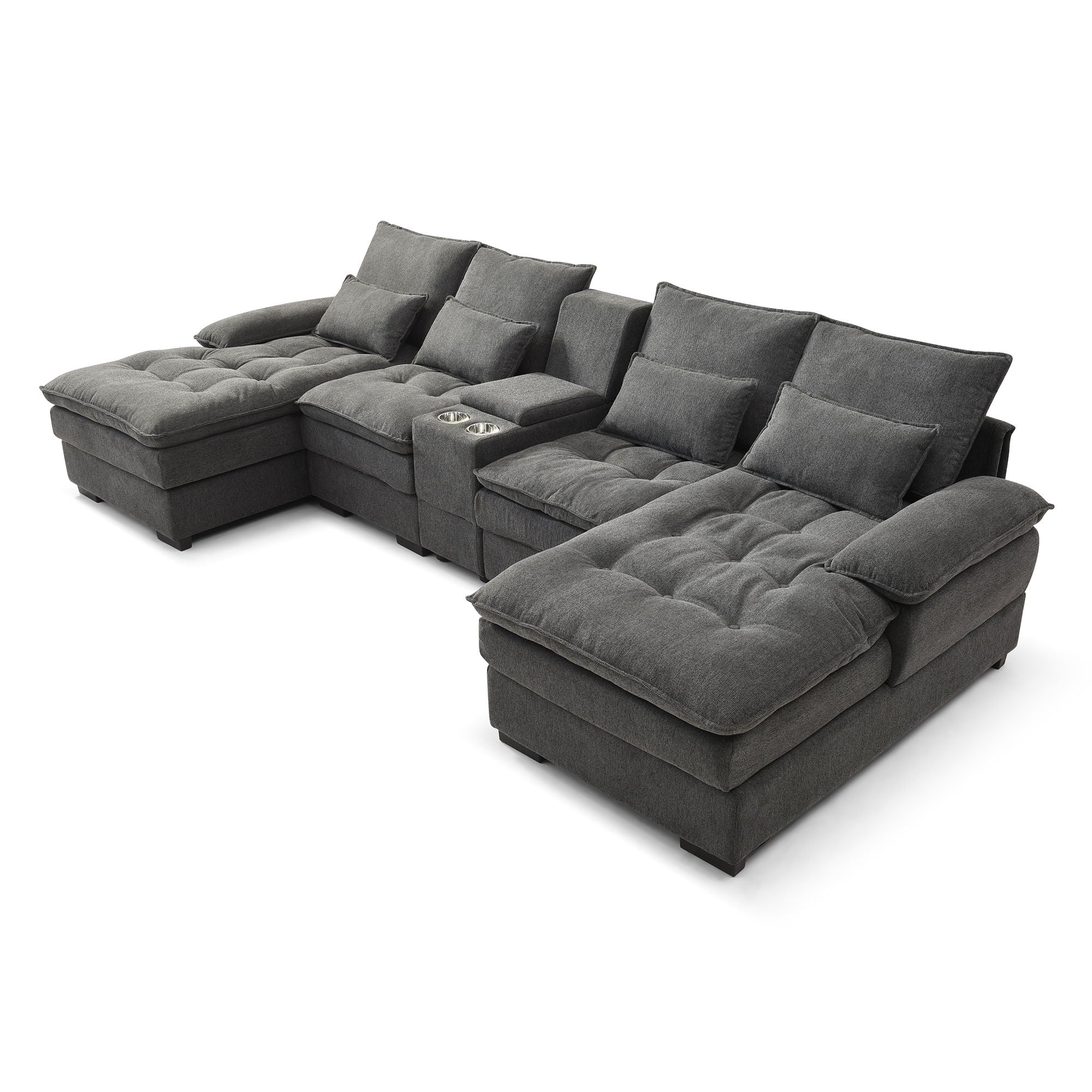 U Shaped Sofa With Console And Cupholders, 6 Seat