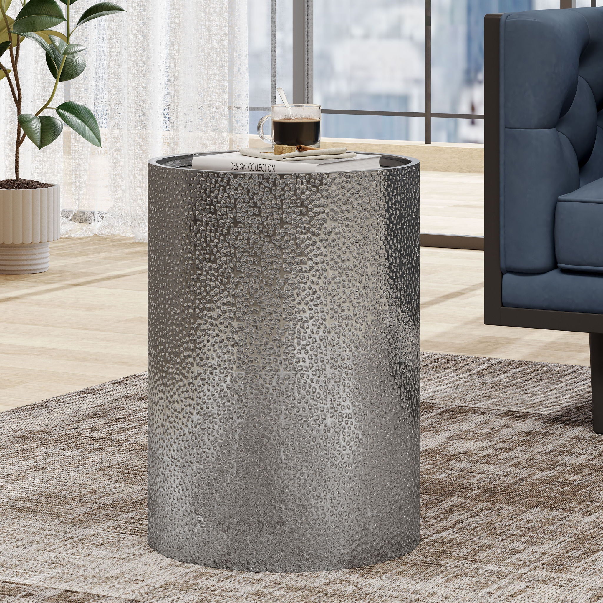 Modern Round Accent Table With Hammered Surface