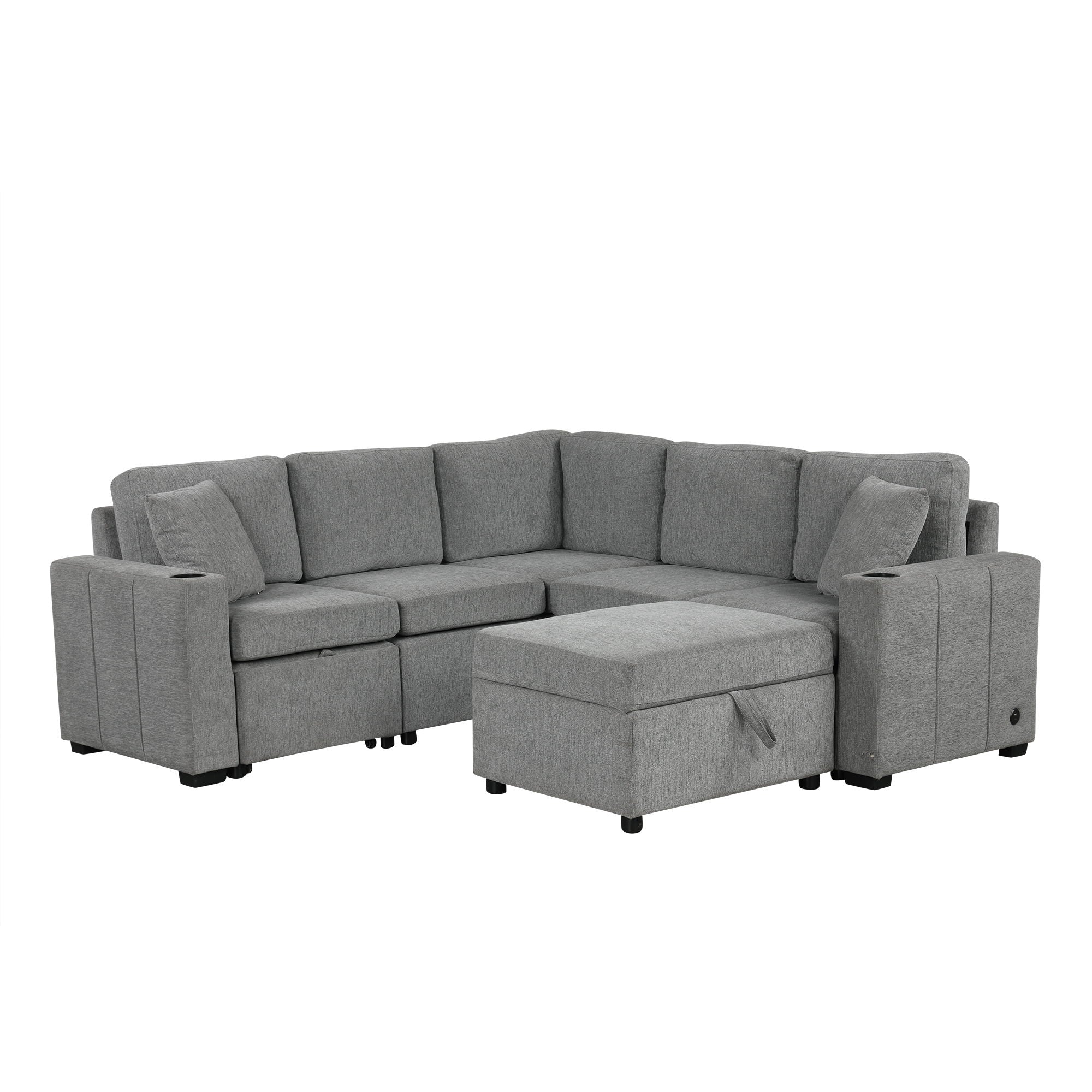 Sectional Sofa Convertible Pull-Out Sofa Bed With A Movable Storage Ottoman For Living Room