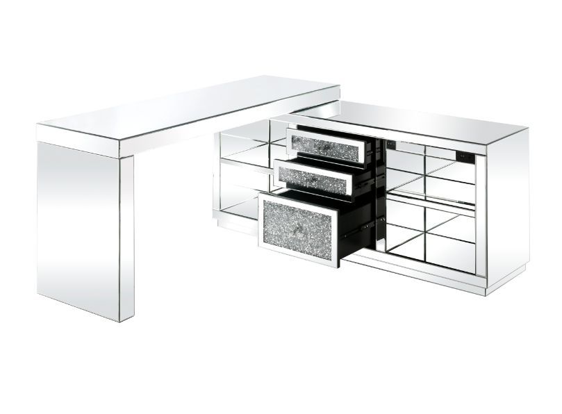 ACME Noralie - Desk - Clear Glass, Mirrored & Faux Diamonds | Meri Furniture