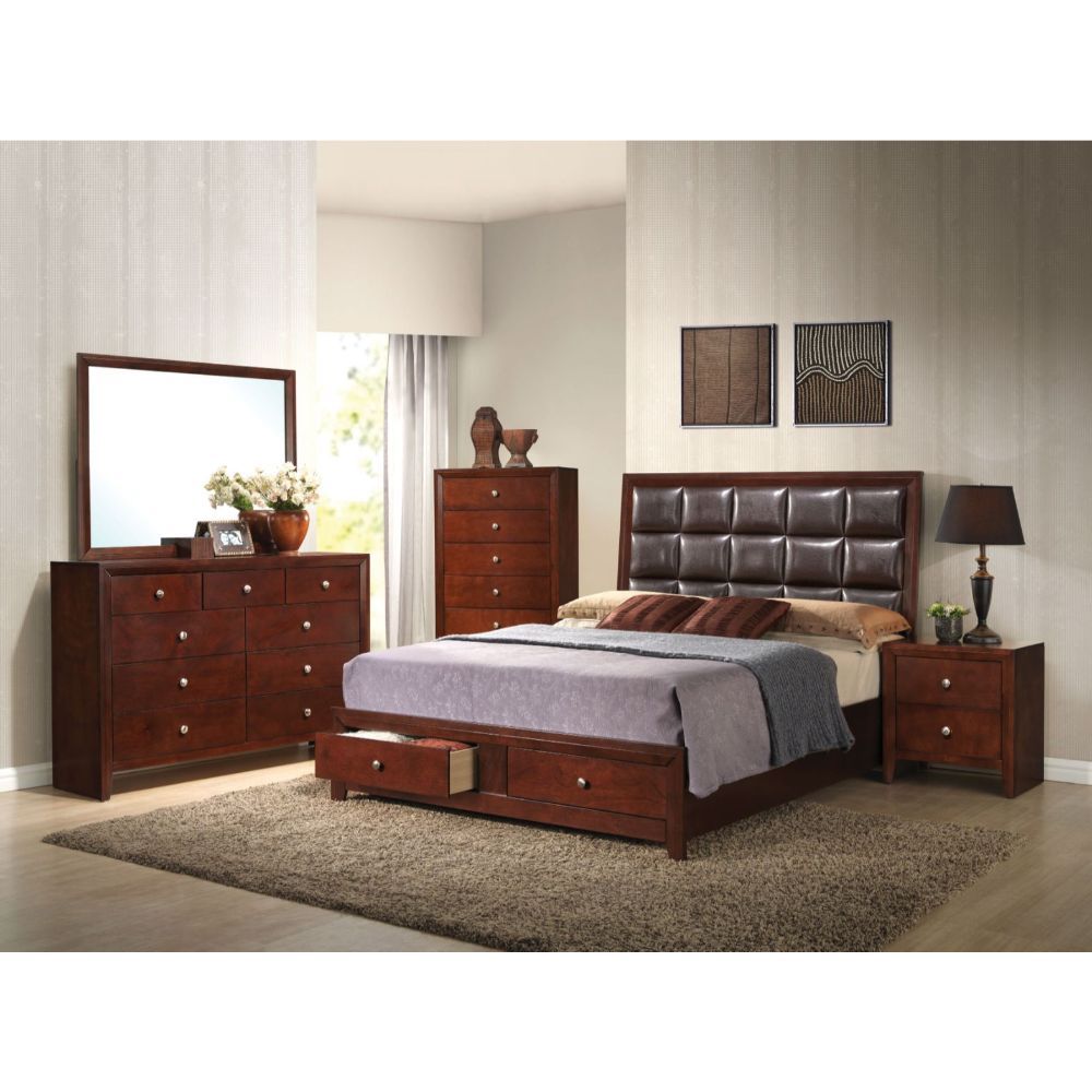 ACME Ilana - Queen Bed - Brown PU & Brown Cherry | Meri Furniture