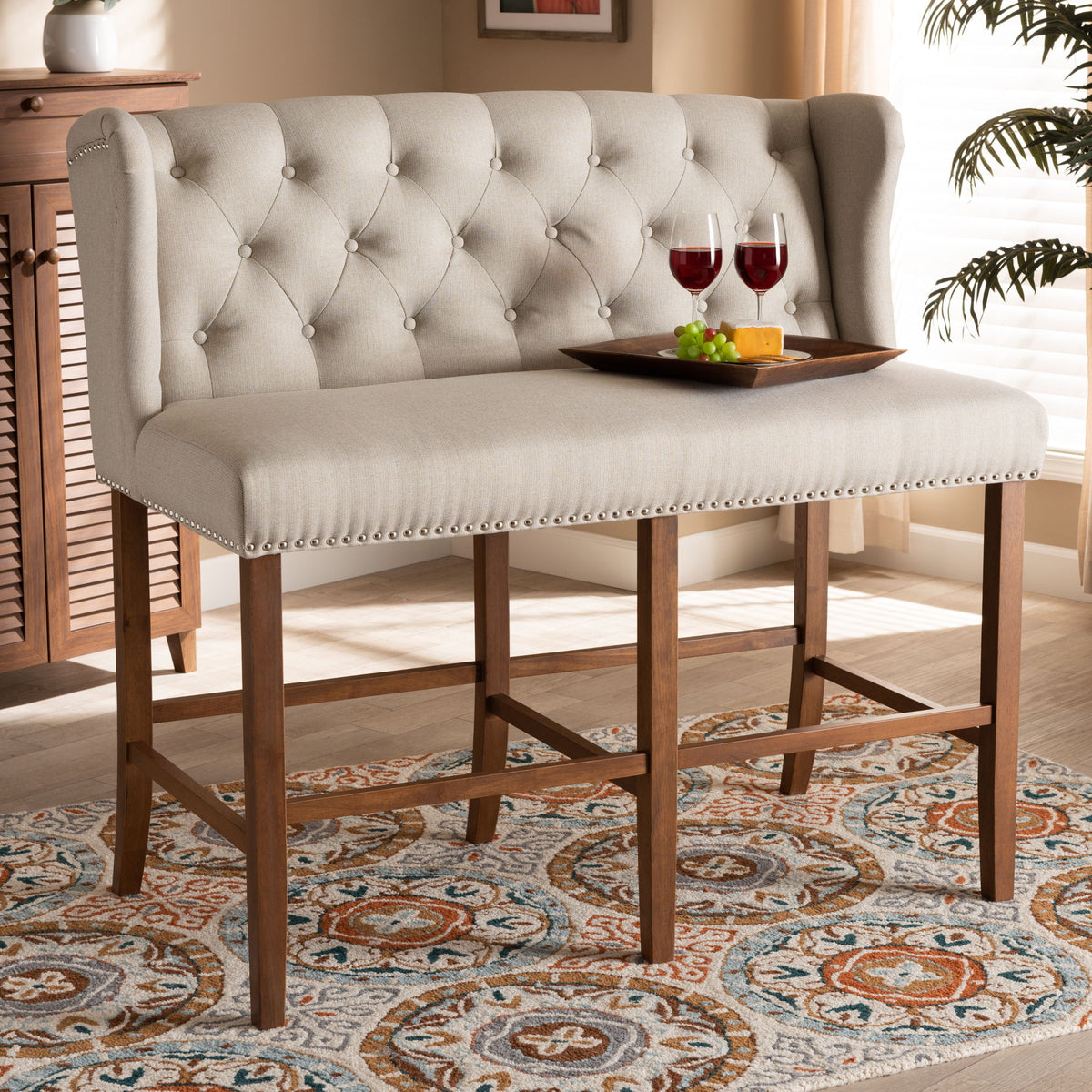 Alira Modern and Contemporary Beige Fabric Upholstered Walnut Finished Wood Button Tufted Bar Stool Bench