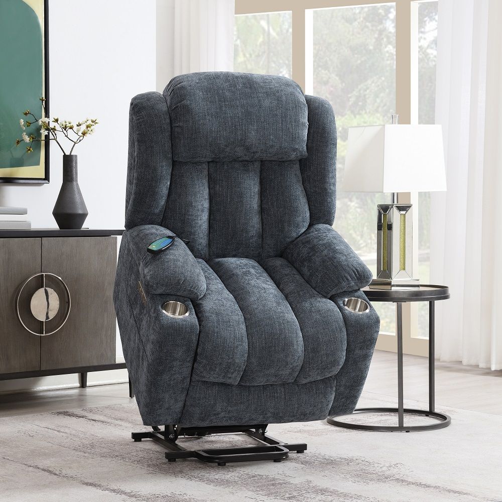 Omarion - Power Recliner With Lift, Heating & Massage - Blue Chenille