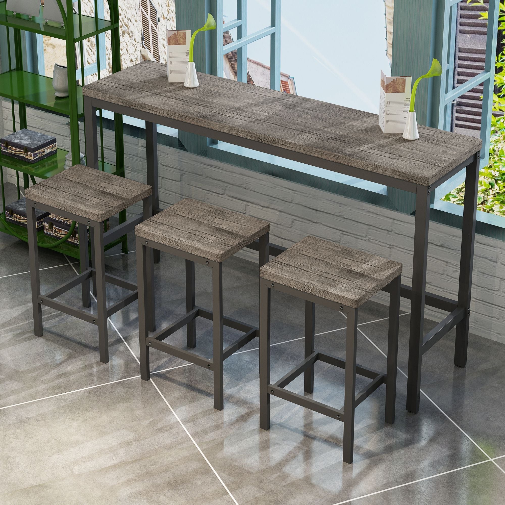 Modern Design Long Dining Table Set With 3 Stools