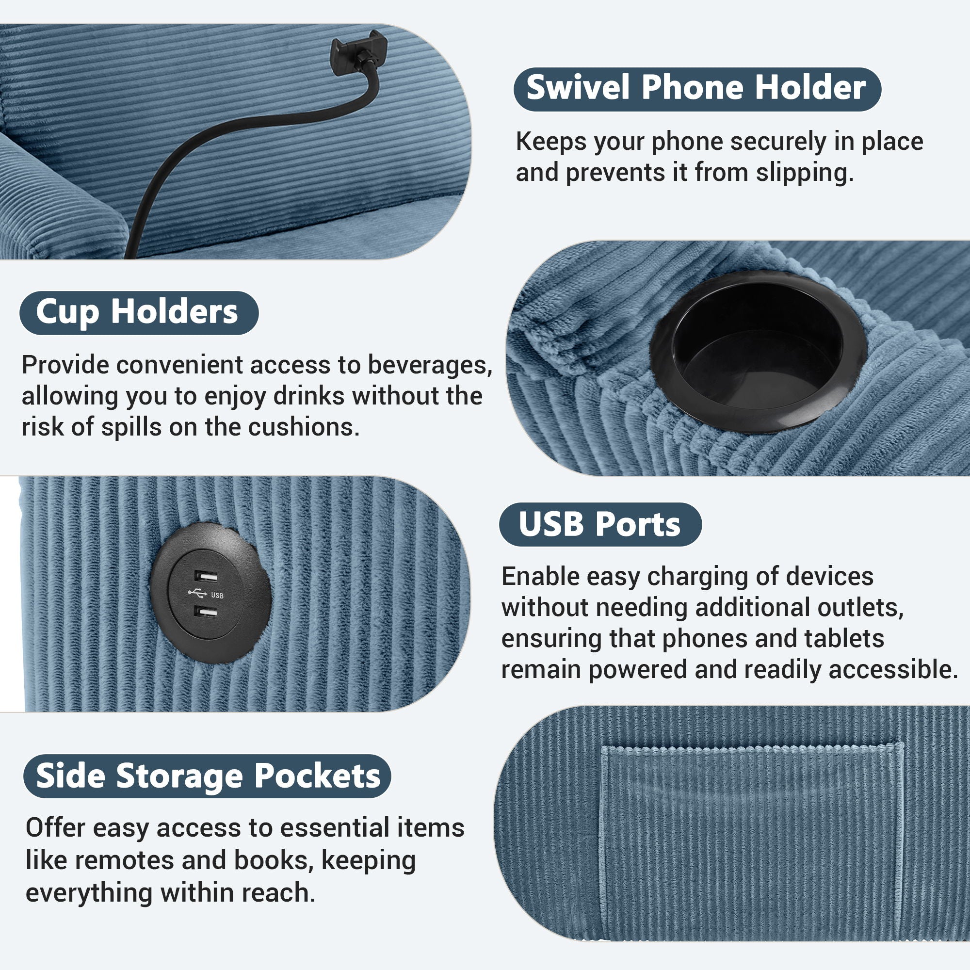 Corduroy Sleeper Sofa Loveseat Sofa With Full Size Mattress, 2 USB Ports, 2 Cup Holders, 2 Side Pockets And Phone Holder