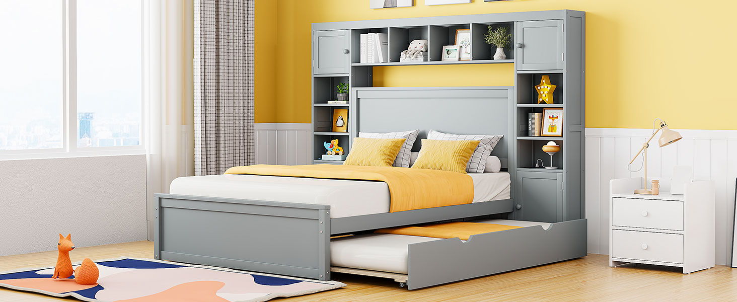 Bed With All In One Cabinet, Shelf And Sockets, Trundle