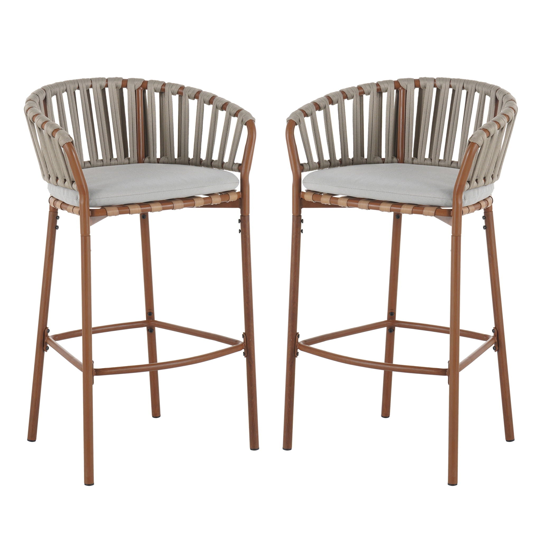 Lodi - Outdoor Matal Rope Barstool, Teak / Beige (Set of 2) - Teak / Beige