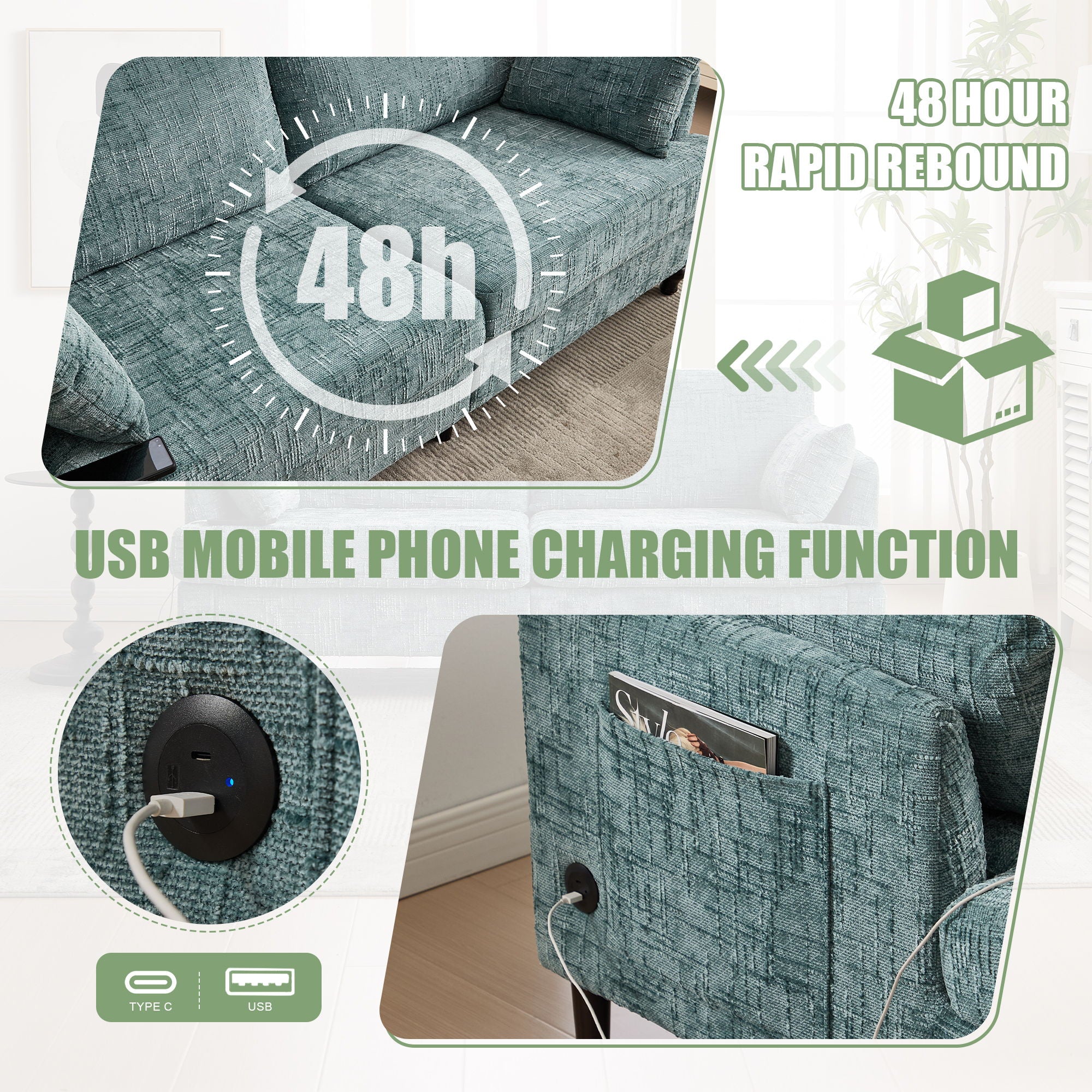 Chenille 2 Seater Sofa With LED Light, USB Charging Port, And Storage Bag