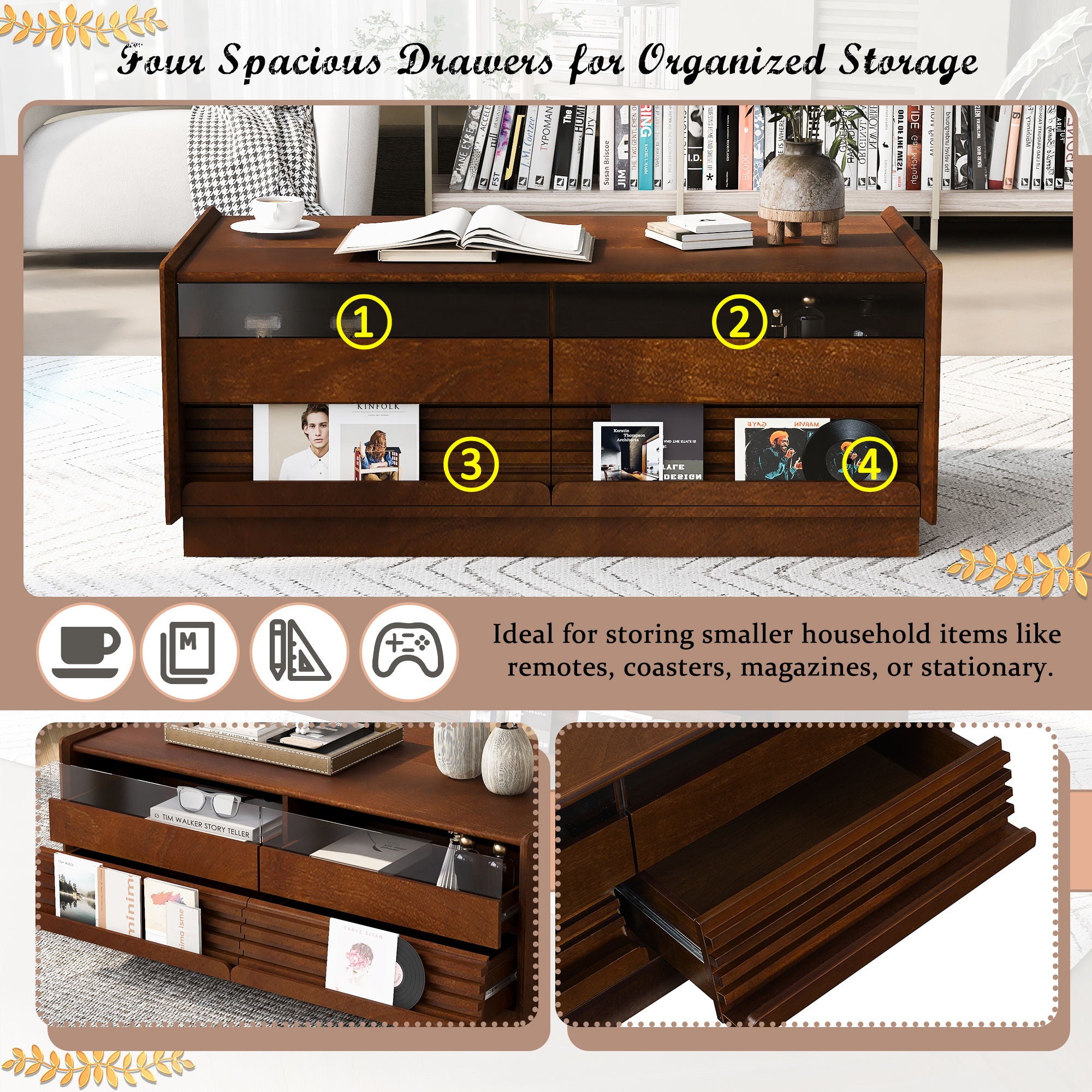 Modern Rectangle Coffee Table With 4 Drawers And 2 Display Shelves