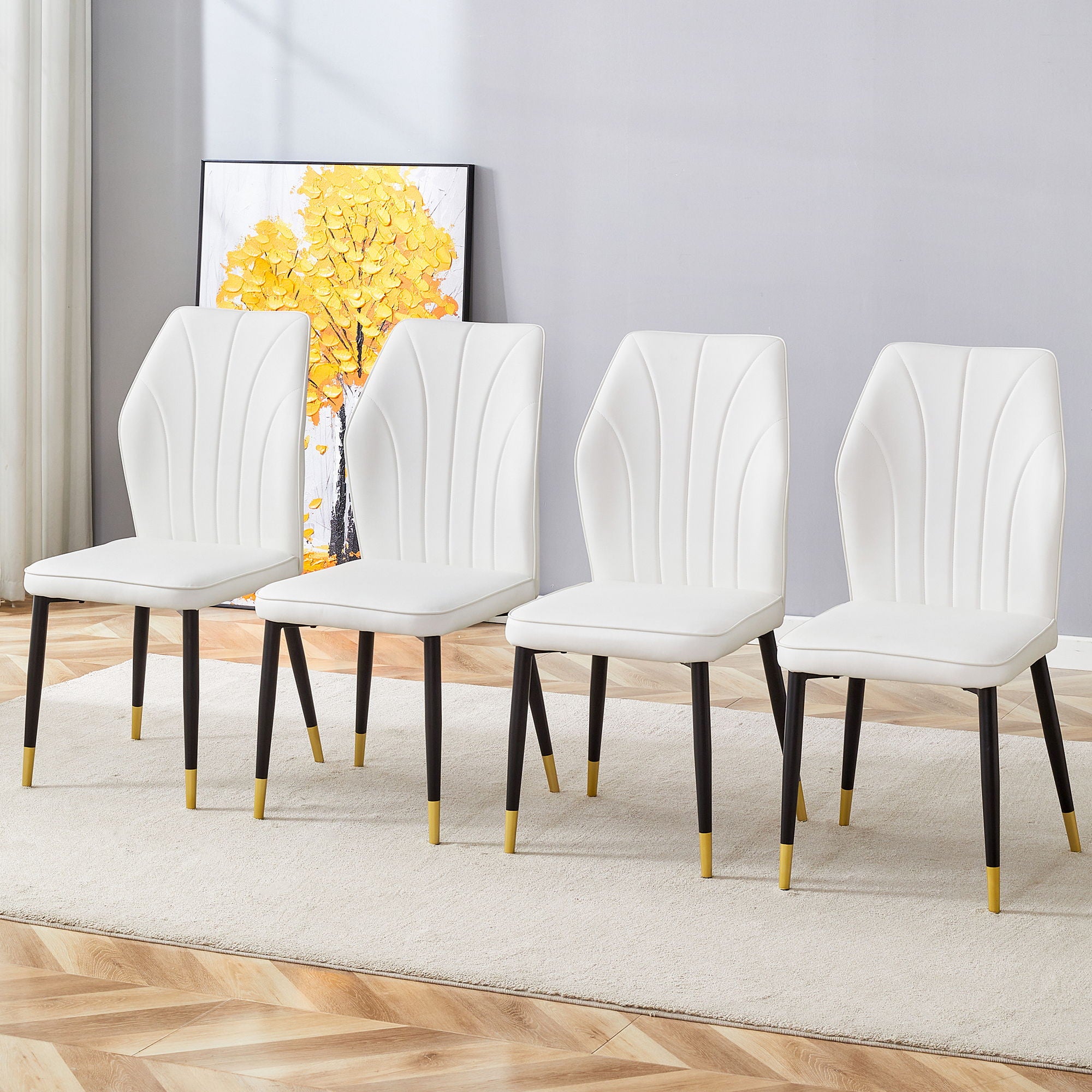 4 Modern Dining Chairs With Stylish Patterned Backrest And Metal Legs