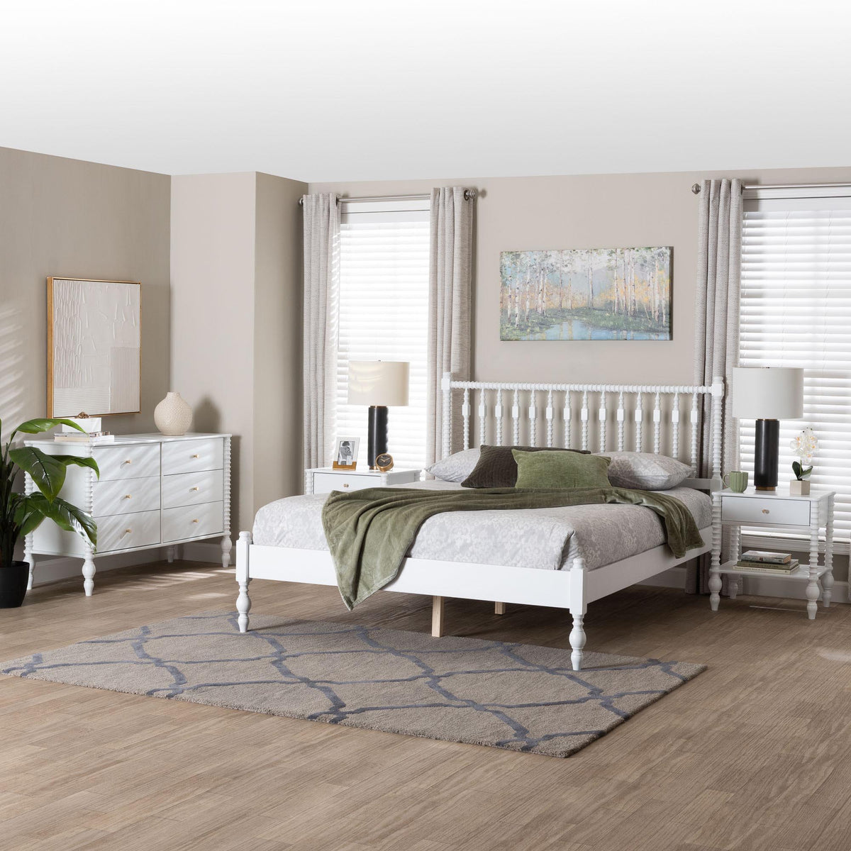 Denita Spindle 4-Piece Bedroom Set - Farmhouse Platform Bed with Matching Dresser and 1-Drawer Nightstands, White, Full