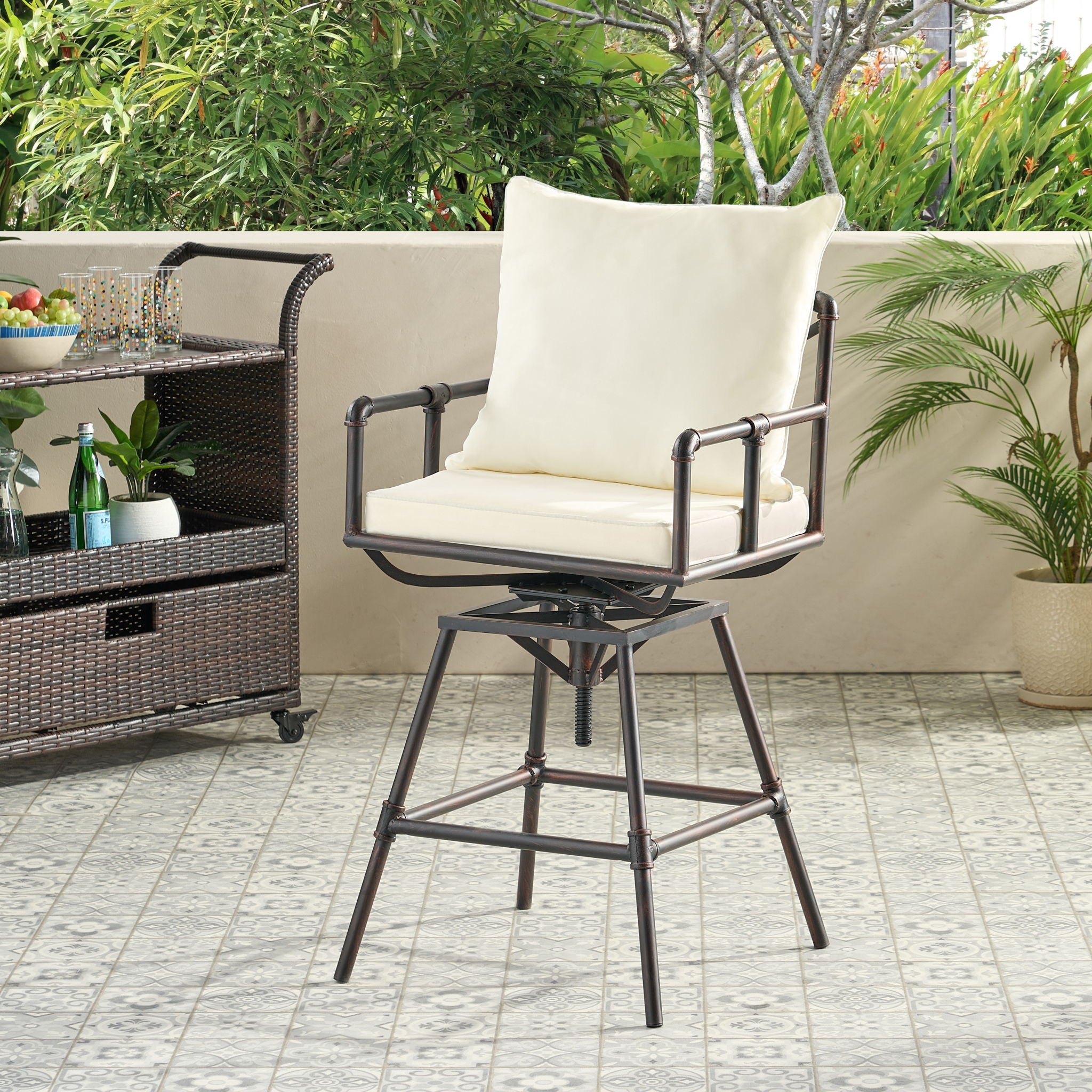 Industrial Outdoor Patio Plumber's Iron Frame Swivel Barstool With Cushions, Height Adjustable