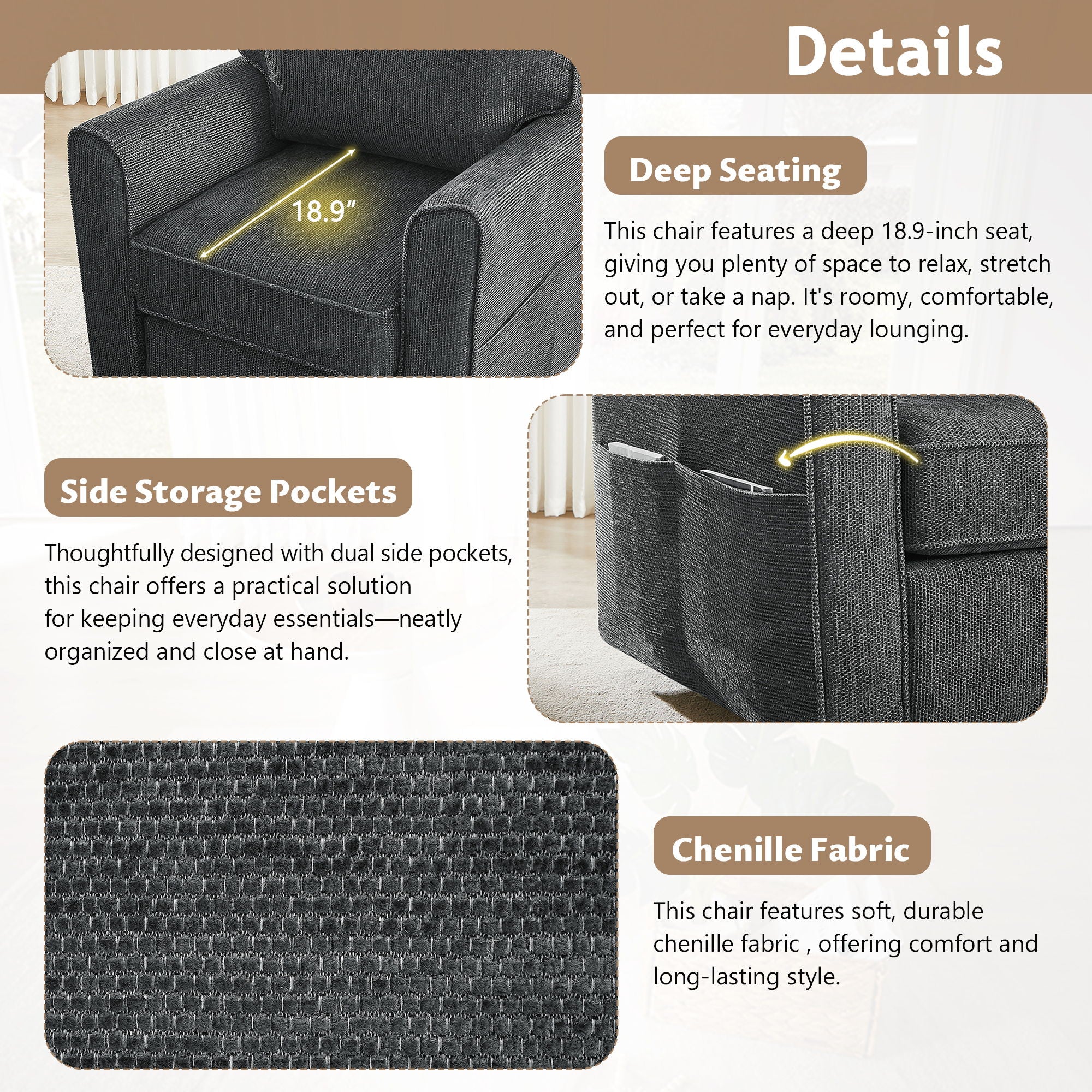 360° Swivel Accent Barrel Armchair With Side Pockets, Compact Design