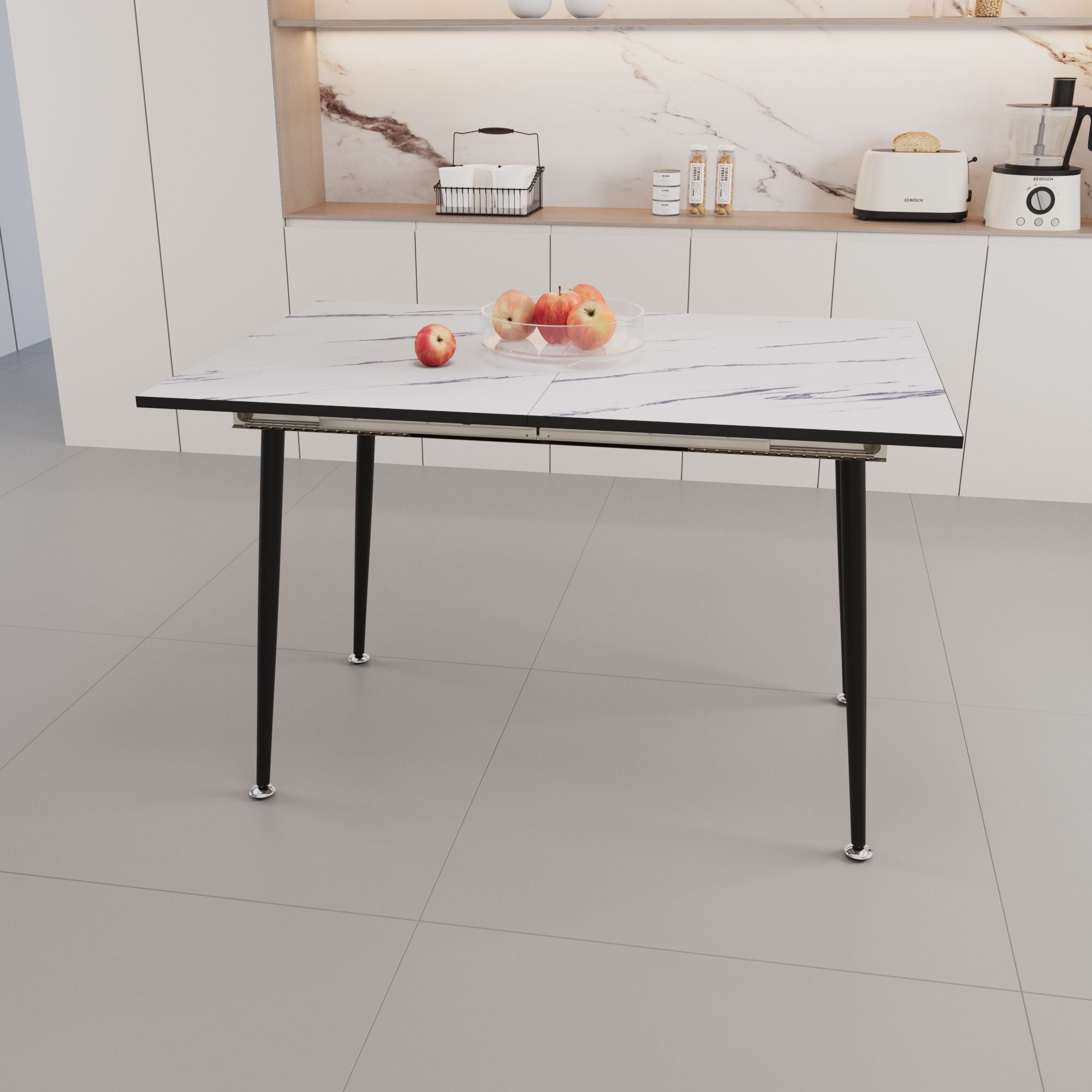 Modern Industrial Expandable Dining Table 47" To With Marble Pattern Top And Metal Legs - White