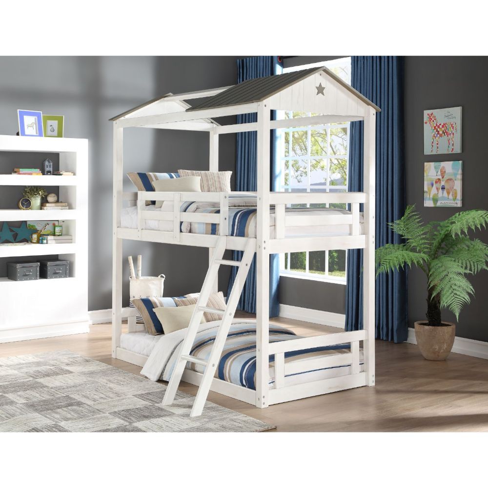 ACME Nadine - Cottage Twin Over Twin Bunk Bed - Weathered White & Washed Gray | Meri Furniture