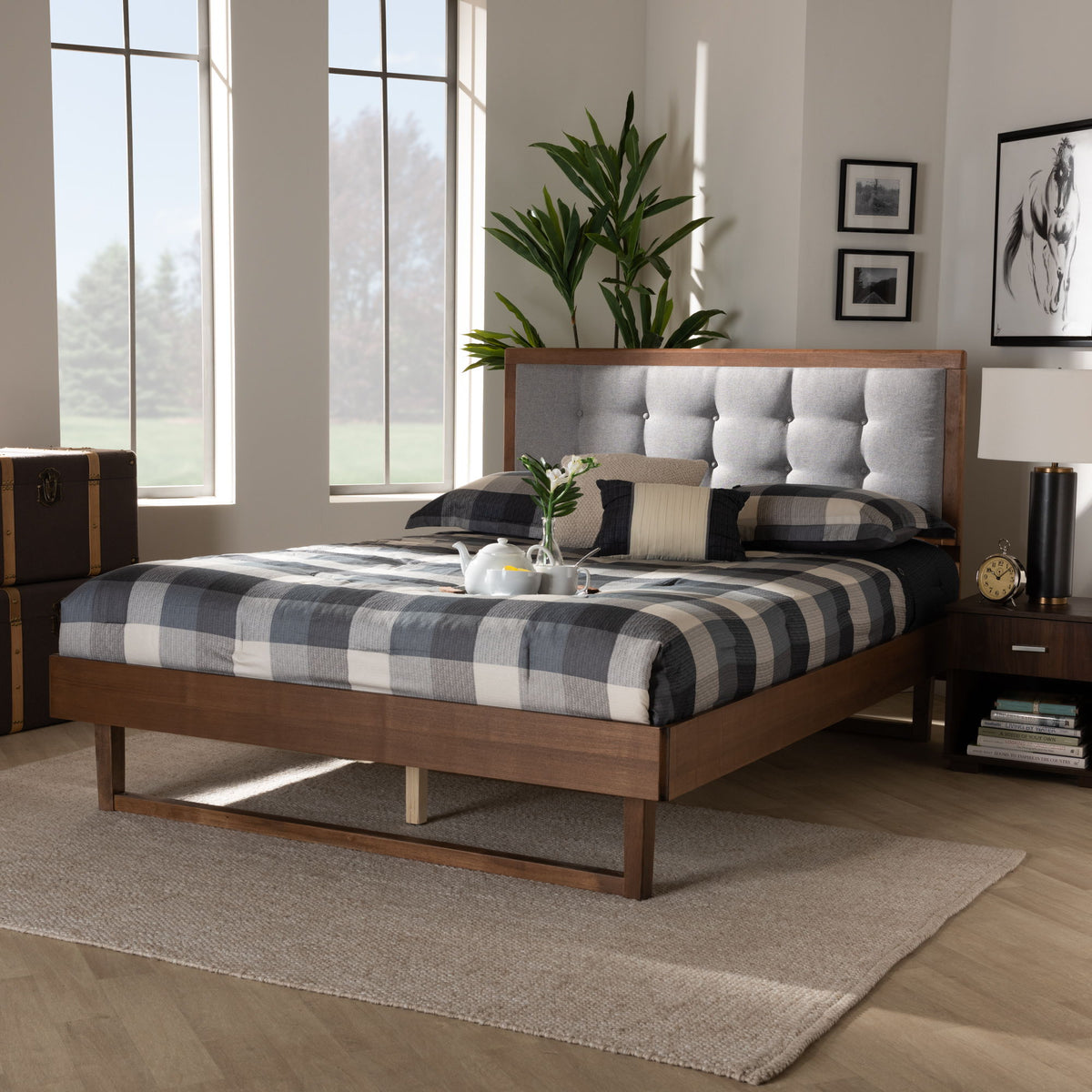 Viviana Modern and Contemporary Light Grey Fabric Upholstered and Ash Walnut Finished Wood Full Size Platform Bed