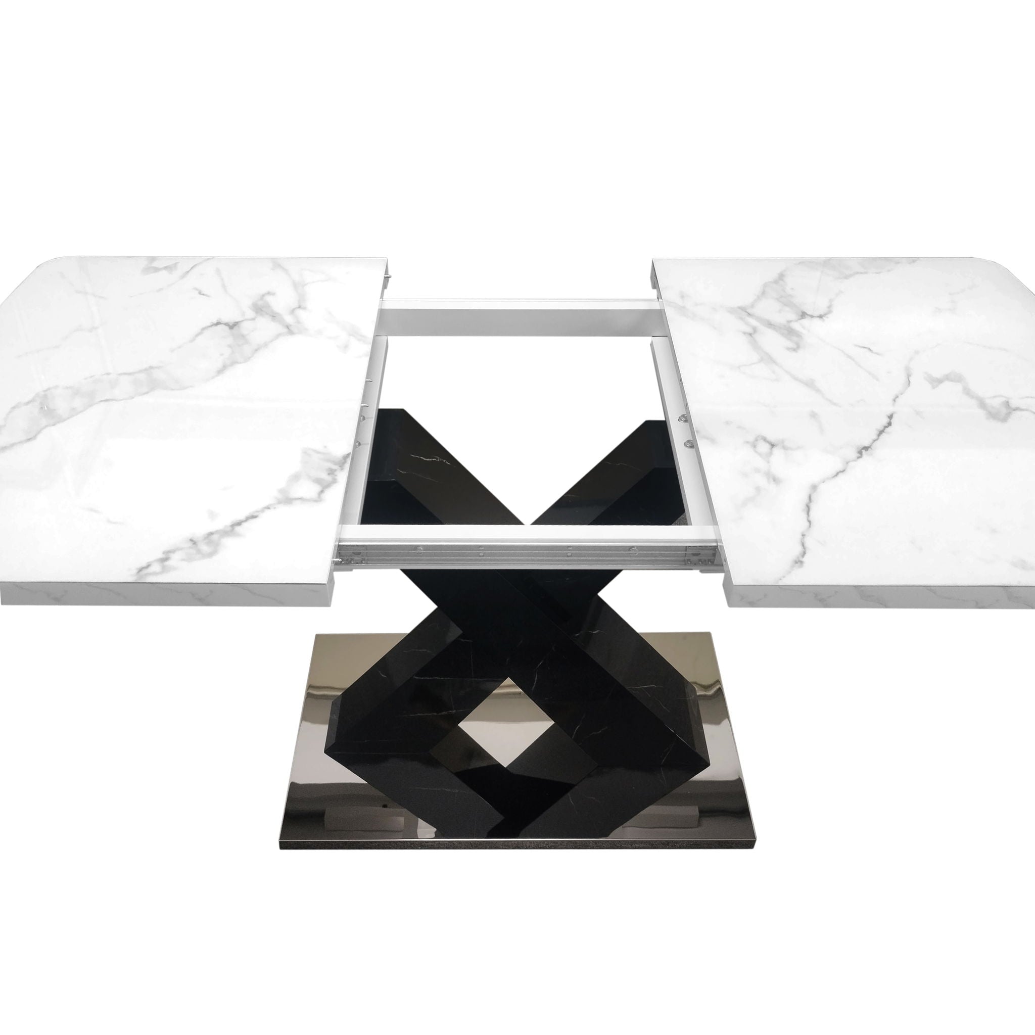 Rectangle Dining Table With Stretchable Top, X Shape Mdf Legs With Steel Base - White / Black