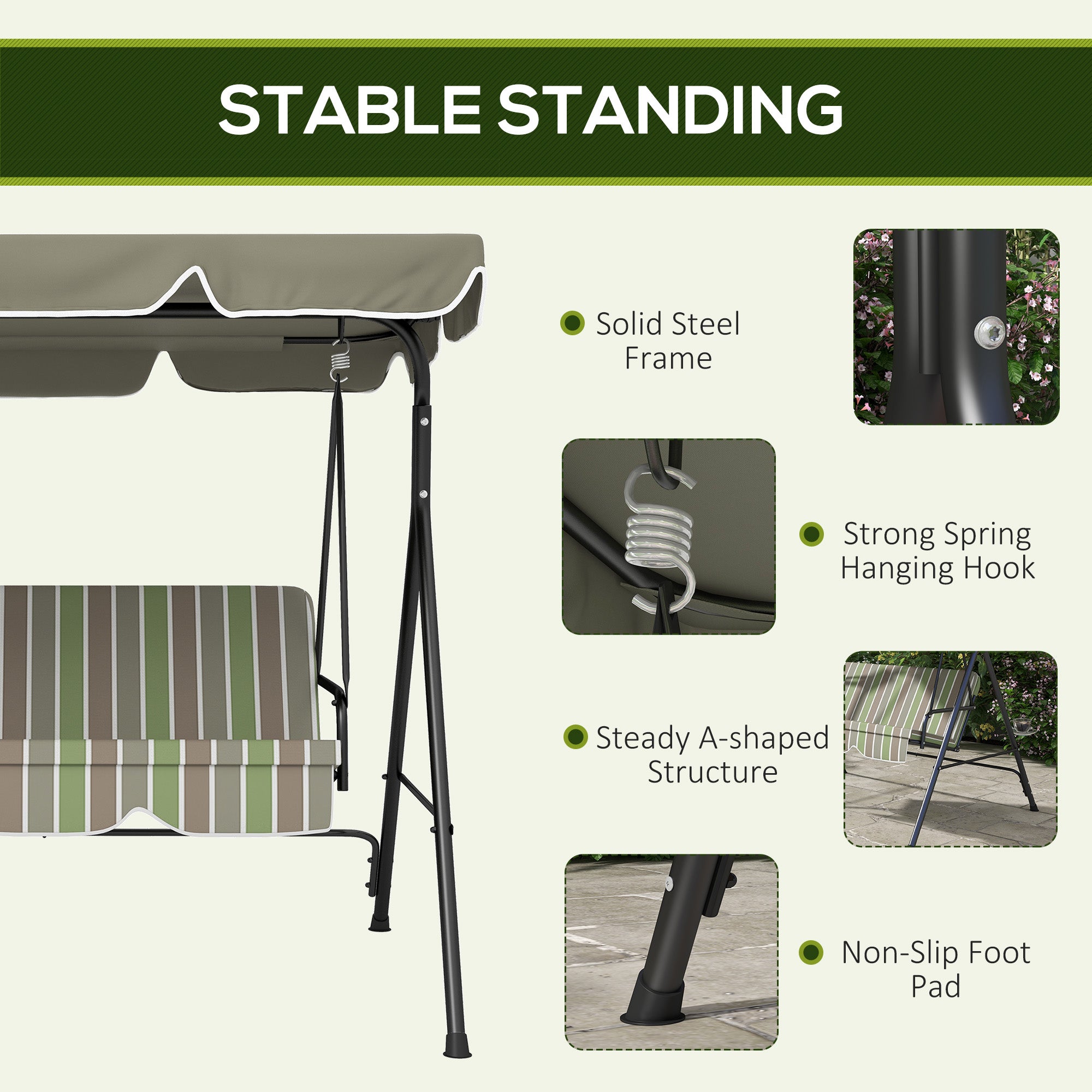 3-Seat Outdoor Patio Swing Chair Canopy with Removable Cushion