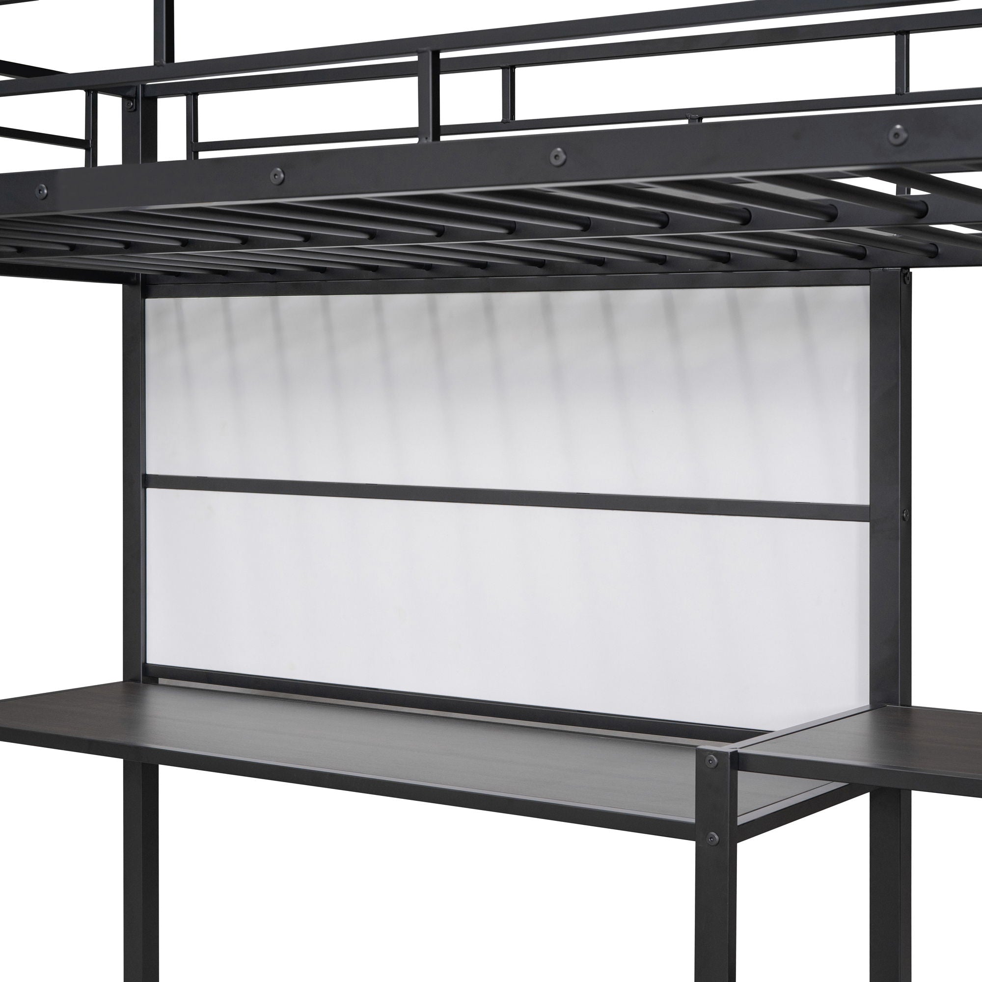 Metal Loft Bed With Desk, 3 Shelves And Ladder