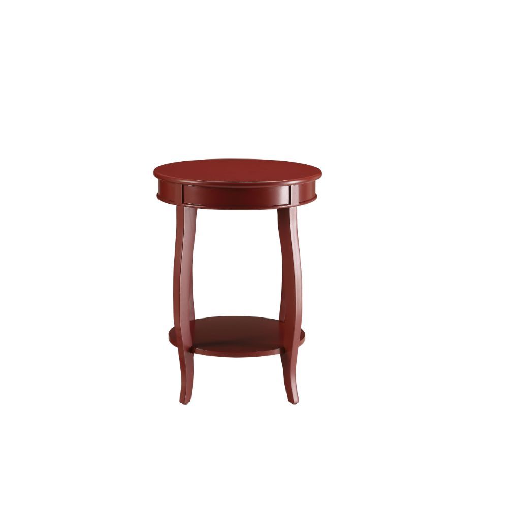 ACME This Alberta side table will be your favorite accent piece with its round top form and stylized legs. Offered in four different colors: Antique White, walnut, red, and teal. One is sure to fit perfect with your style. | Meri Furniture