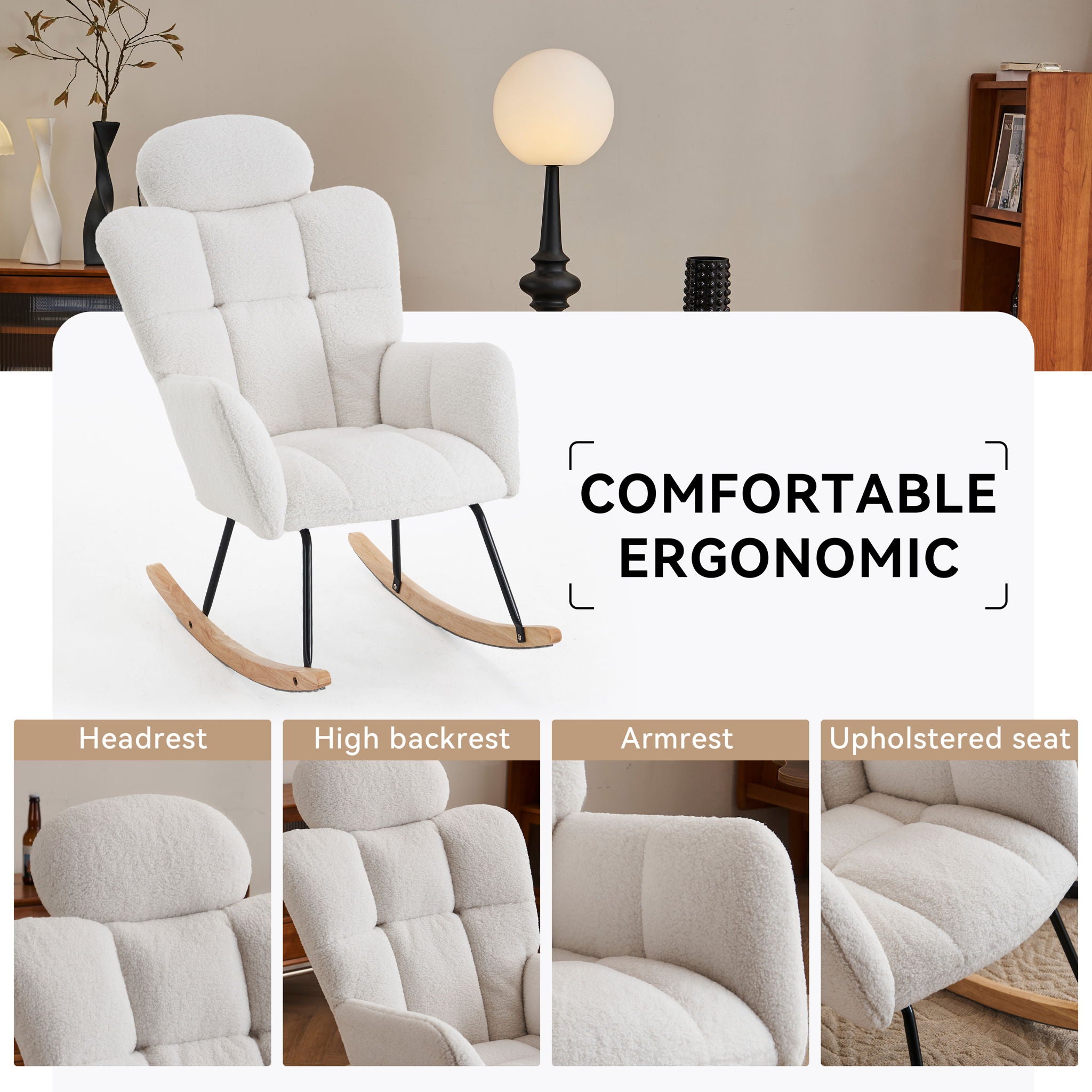 Contemporary Teddy Fabric Upholstered Nursery Rocking Glider Chair With High Backrest And Pillow