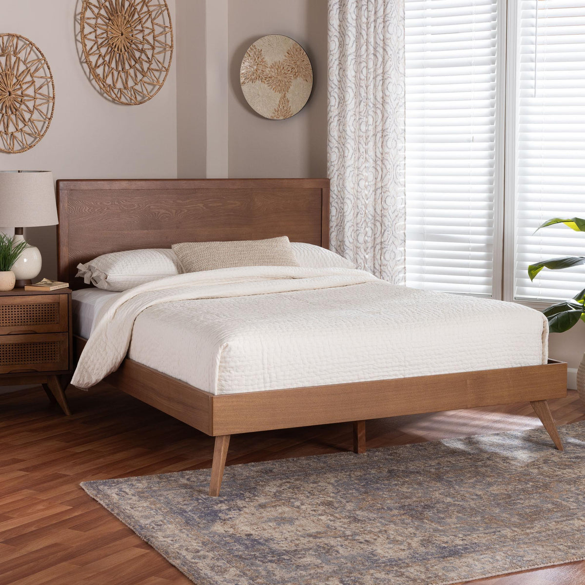 Jiro Platform Bed - Mid-Century Modern Wood Bed Frame with Panel Headboard and Angled Legs for Bedroom or Guest Room, King