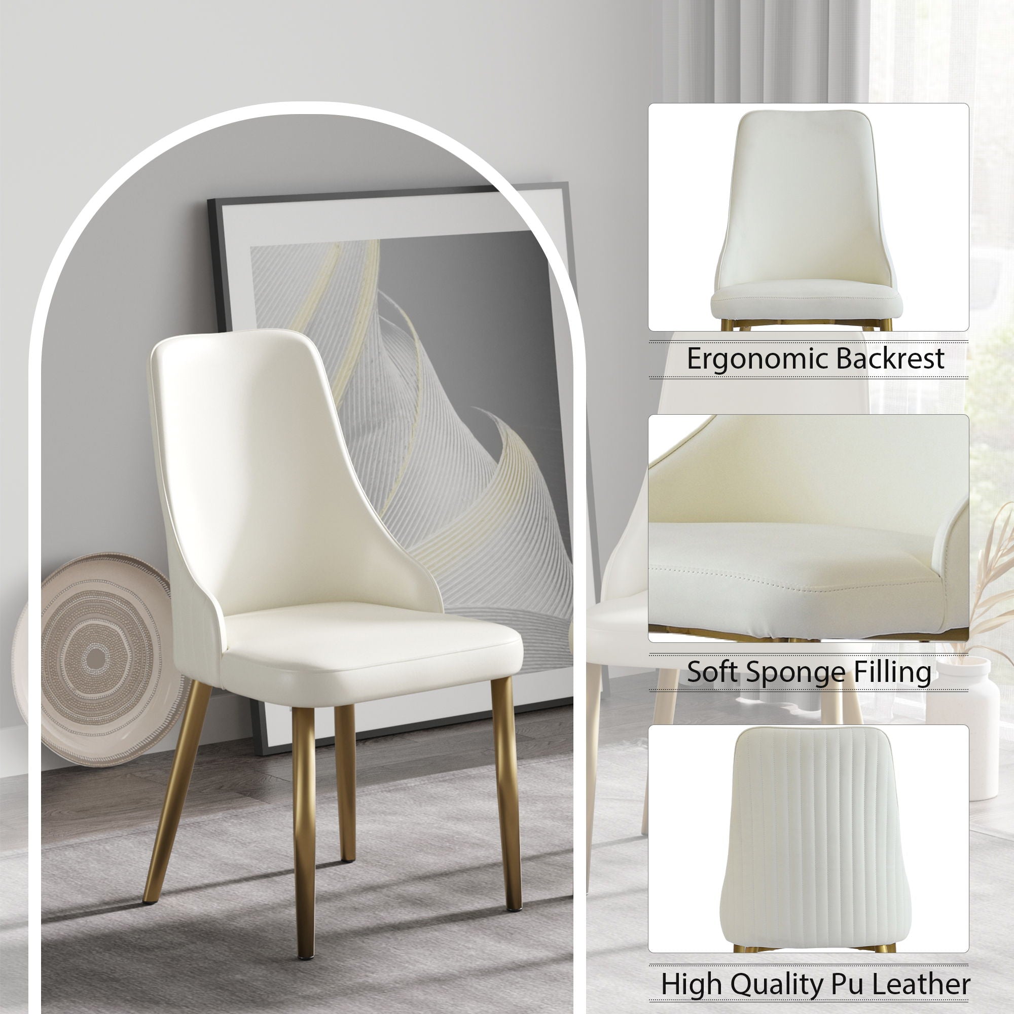 Modern Sponge-Filled Dining Chair, Solid Wood Metal Legs, Suitable For Restaurants, Living Rooms And Rooms (Set of 2) - White