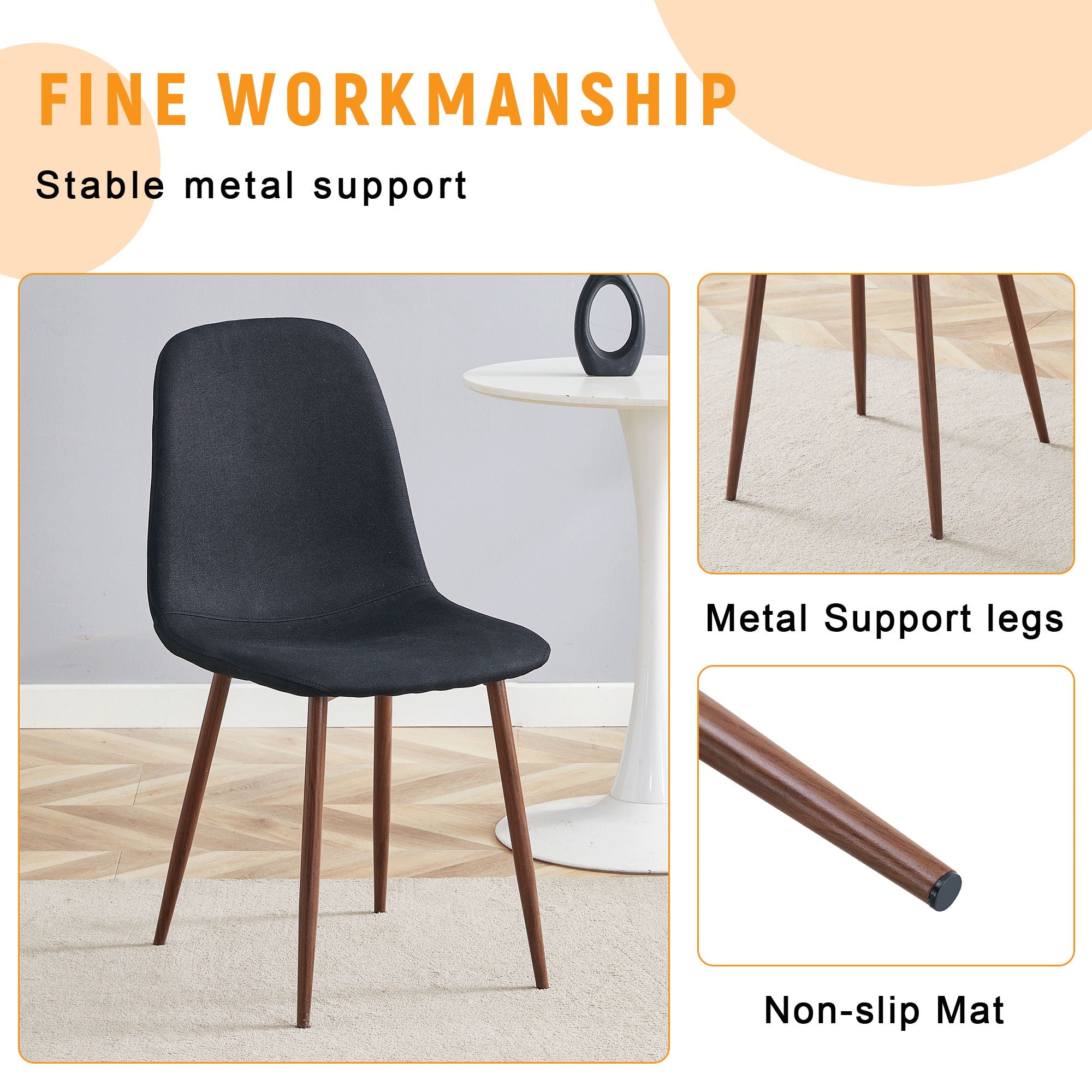 Luxury Simple Chair (Set of 4) Linen Cotton High Resilience Dining Chair With Metal Color Leg - Black / Walnut