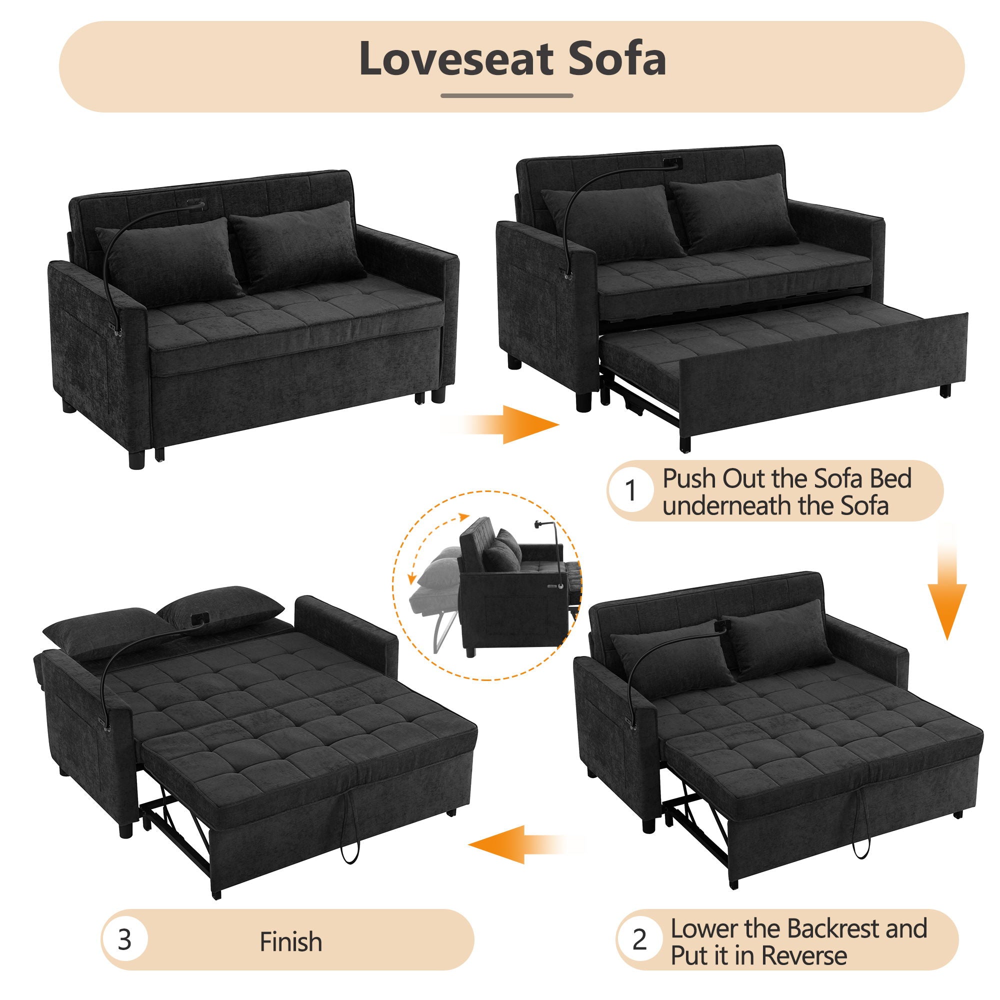 Loveseat Sofa Bed Sleeper With Reversible Backrest, Side Pockets, USB Ports, Phone Holder