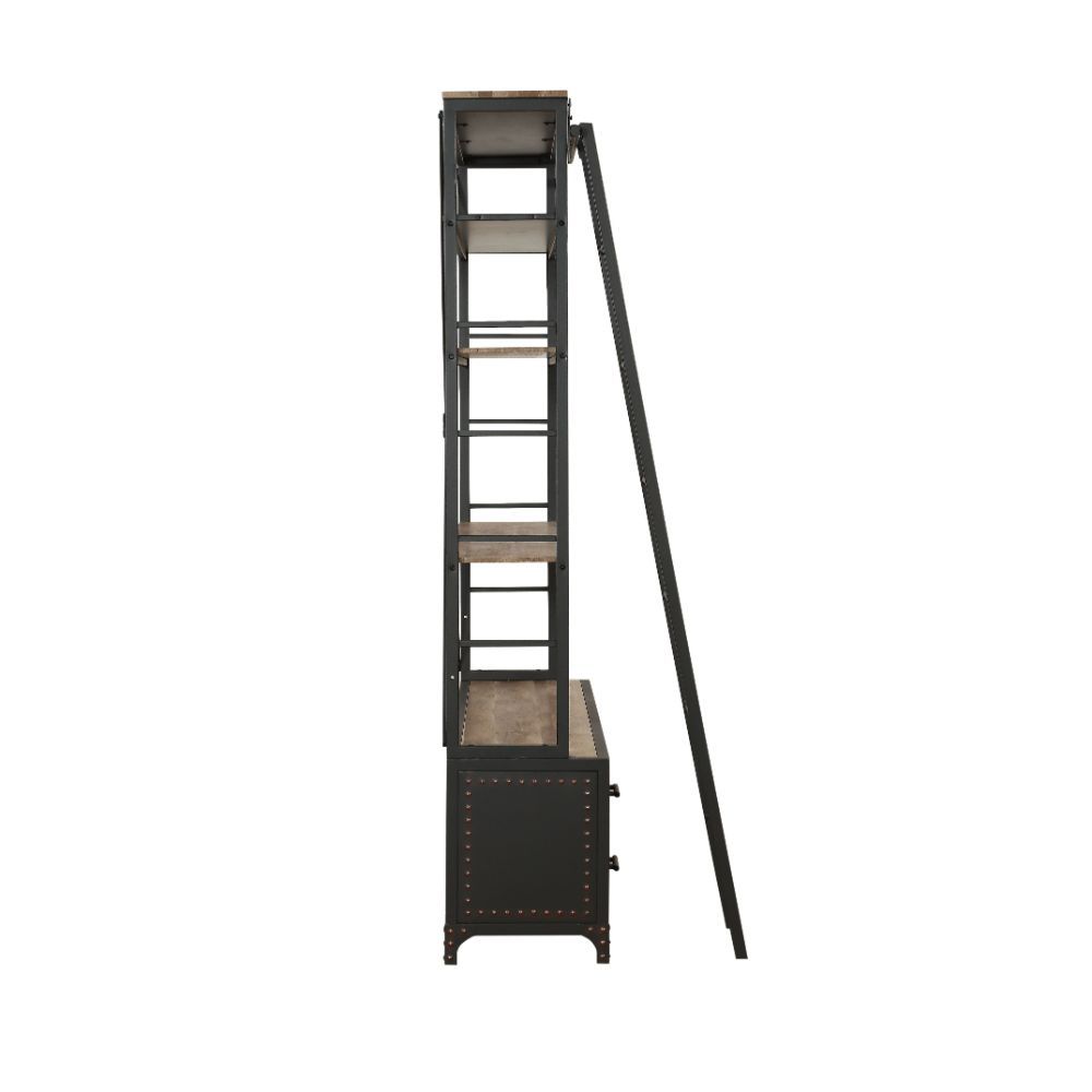 ACME Depict the gentle flow of industrial modern decor with the Actaki bookshelf and ladder set. Industrial modern shelving unit with 4 drawers with Nailhead trim and 2 open shelves provide a unique storage and display to you room. Some assembly required.