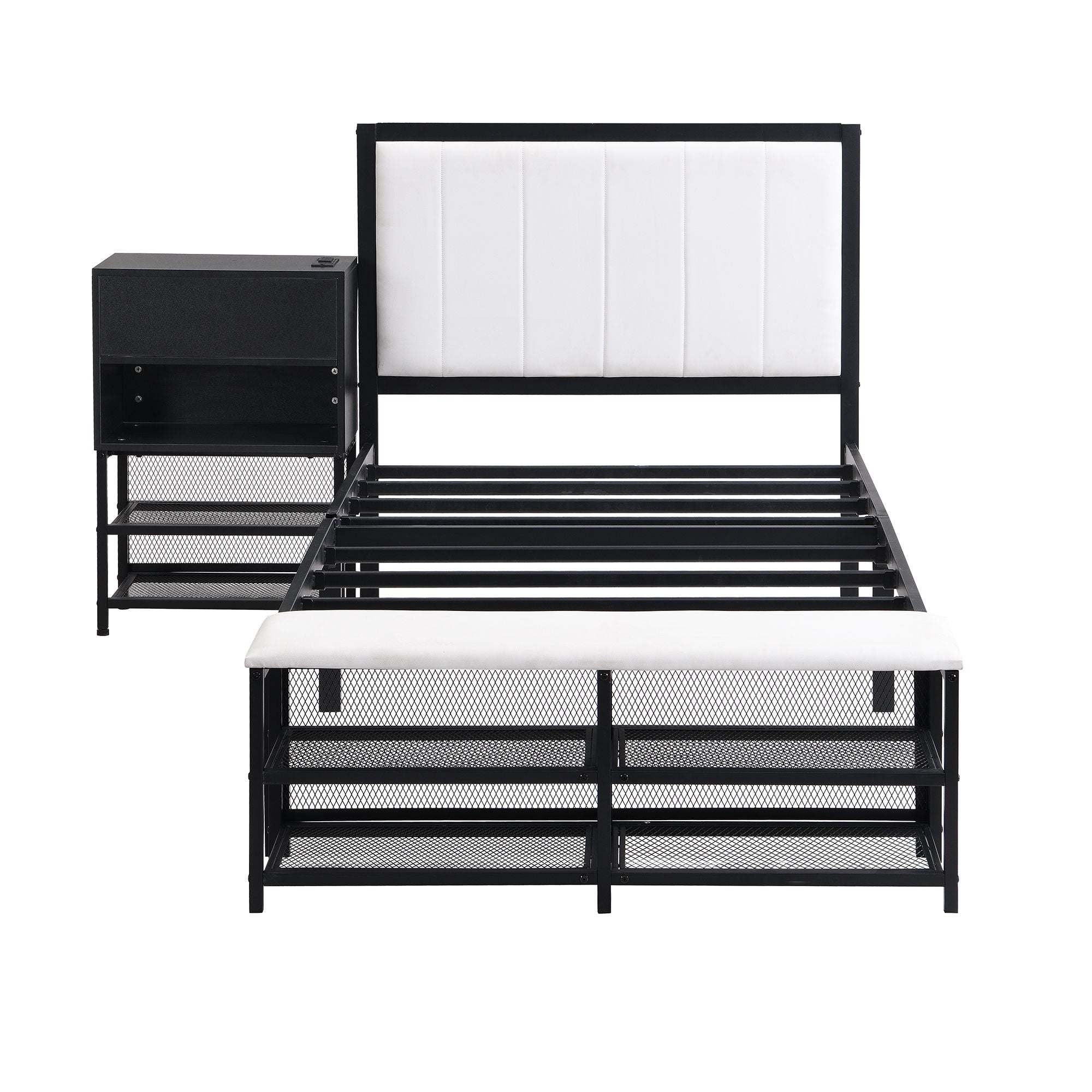 Platform Bed With 2 Tier Storage Shelves, Storage Cabinet