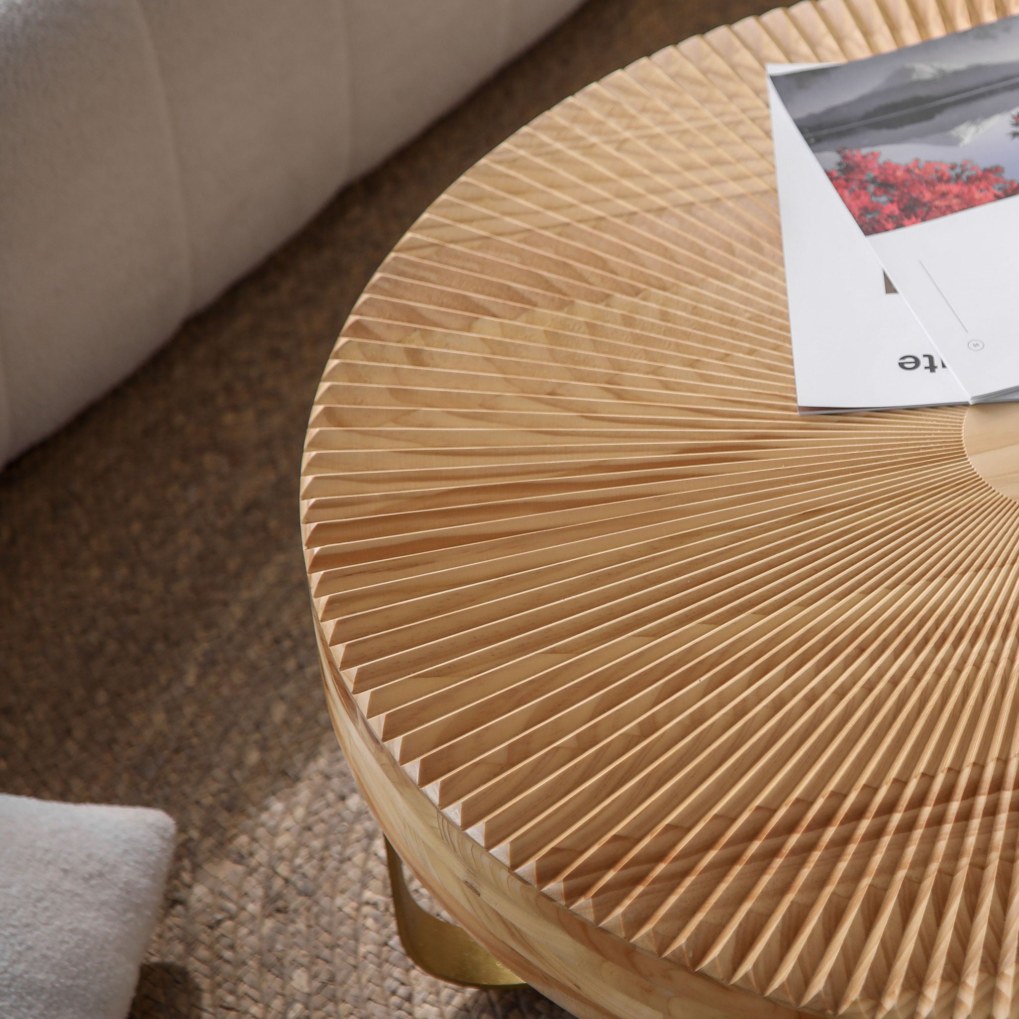 Modern Round Coffee Table With Wooden Carving Pattern