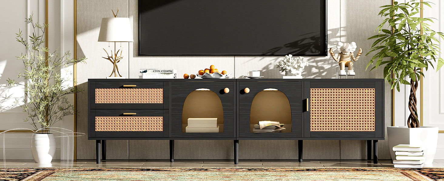 Rattan TV Stand With 3 Cabinets & 2 Drawers, Rattan-Inspired Media Console Table For Tvs Up To 80'', LED Light Entertainment Center, TV Cabinet For Living Room - Black