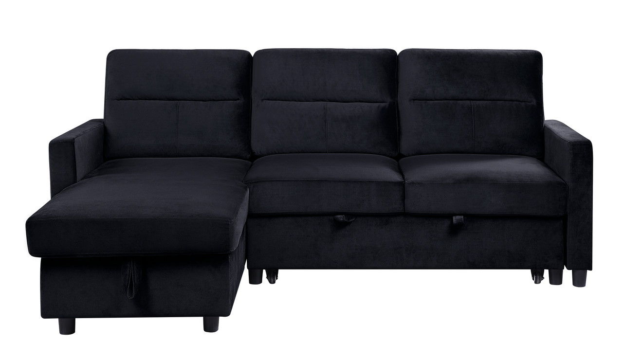 Ivy 81.5"W Black Velvet Reversible Sleeper Sectional Sofa with Storage Chaise and Side Pocket