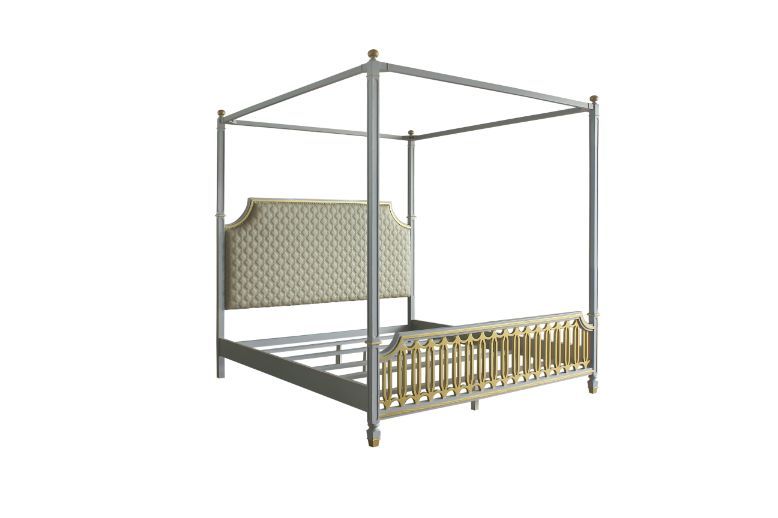 ACME House - Marchese California King Bed - Beige PU, Gold & Pearl Gray Finish | Meri Furniture