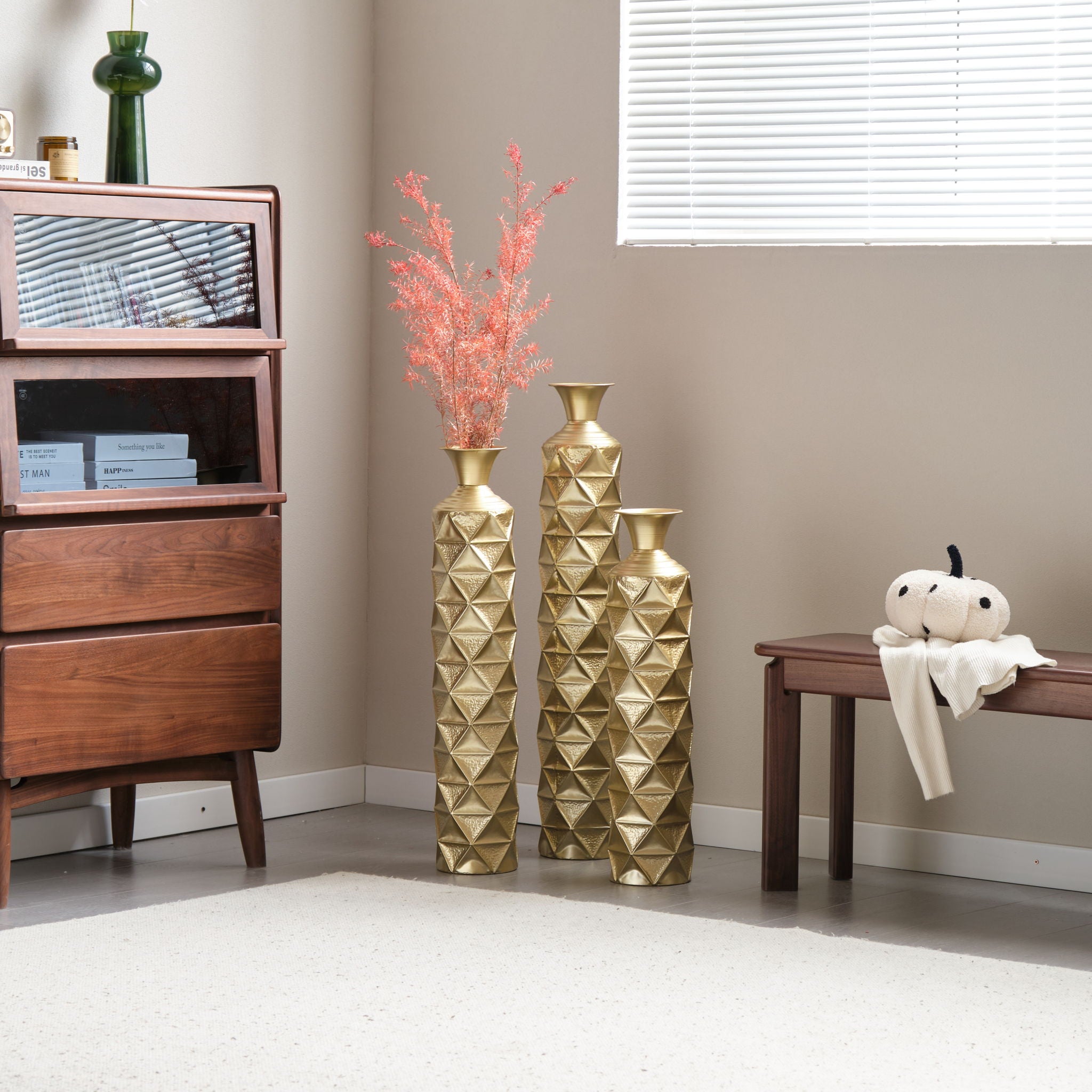 Metal Decorative Vase High Distress Metal Center Vase With 3D Triangle Pattern, (Set of 3) Vases For Home Decoration - Gold