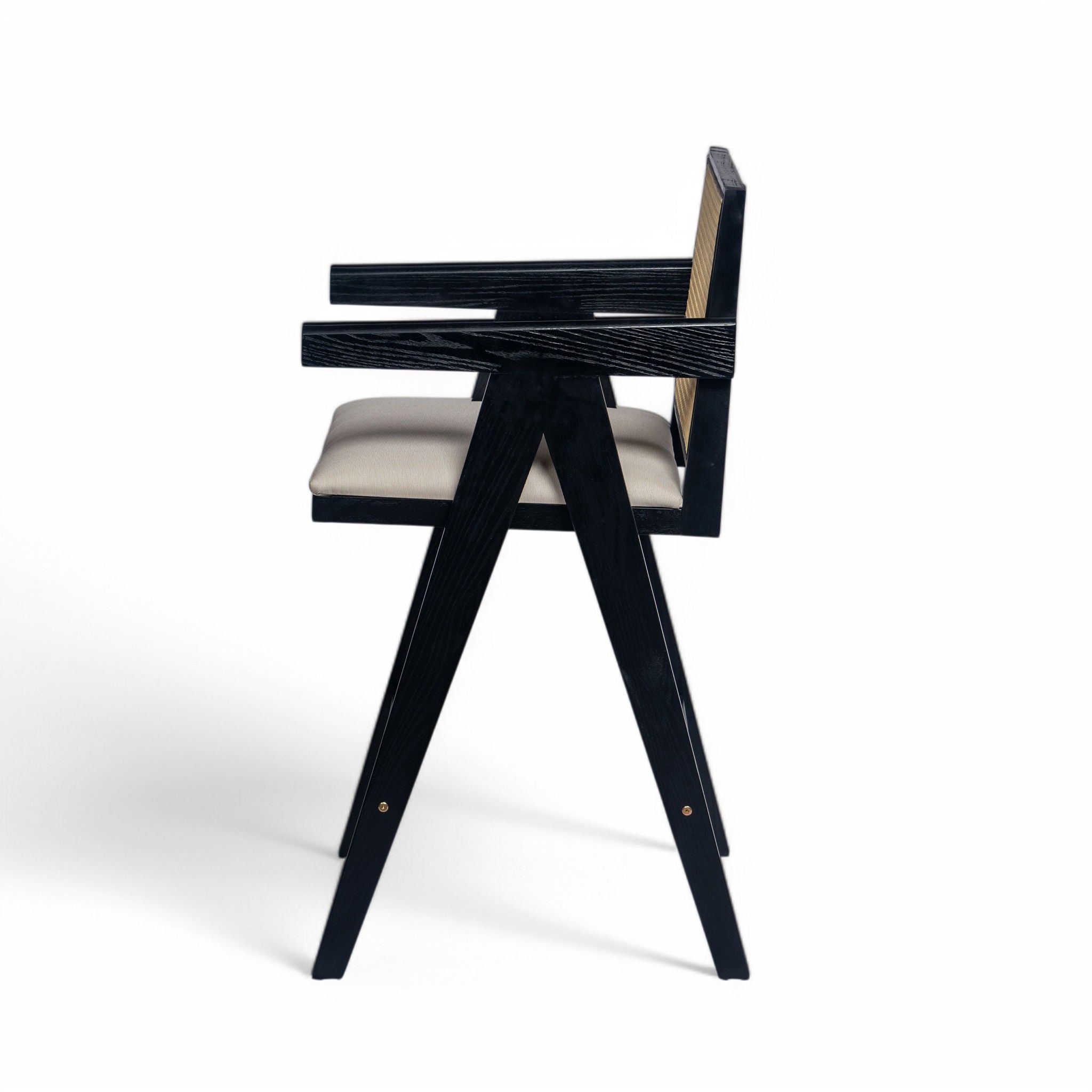 Woven Cane Plastic Backrest Bar Stool Foam Padded Fabric Seat & Durable Rubberwood Frame - Cream Gray