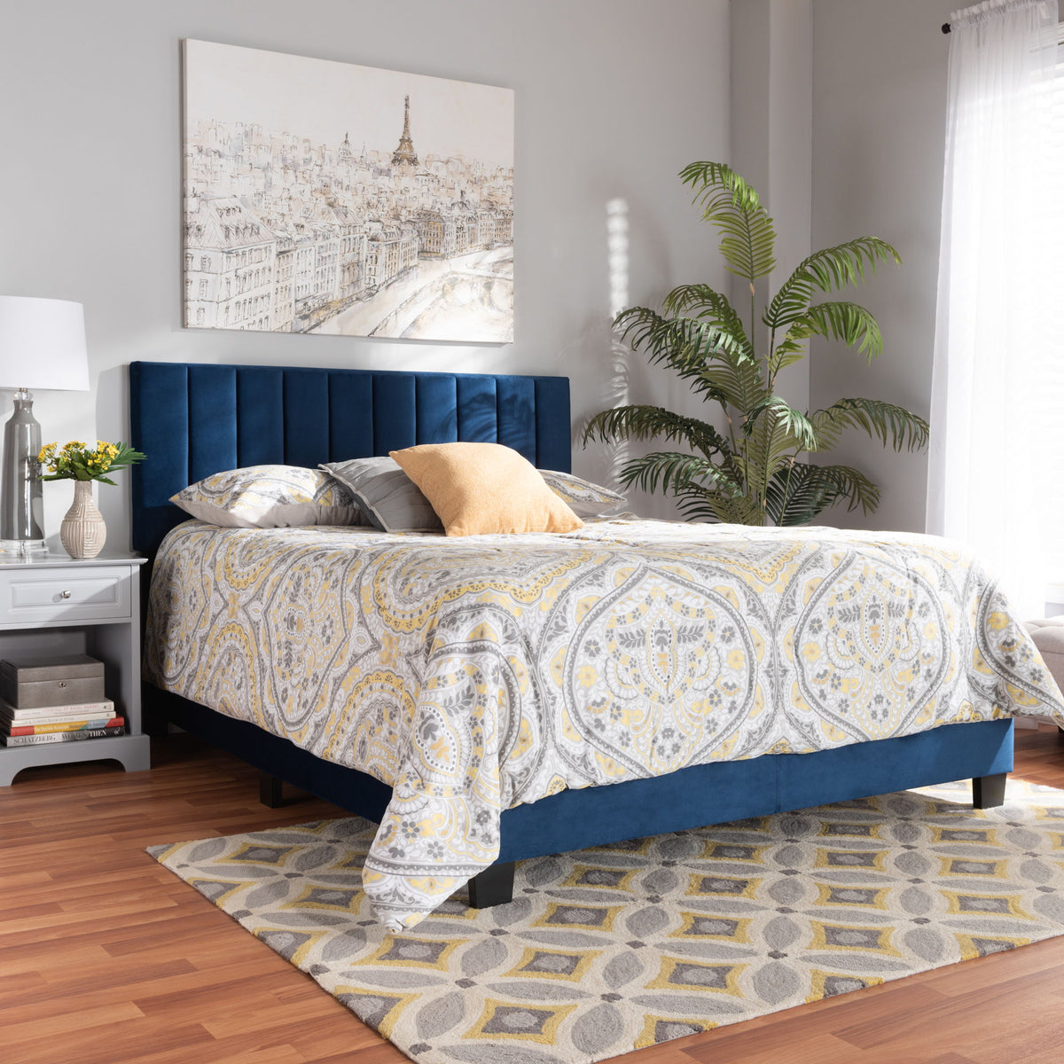 Clare Glam and Luxe Navy Blue Velvet Fabric Upholstered King Size Panel Bed with Channel Tufted Headboard