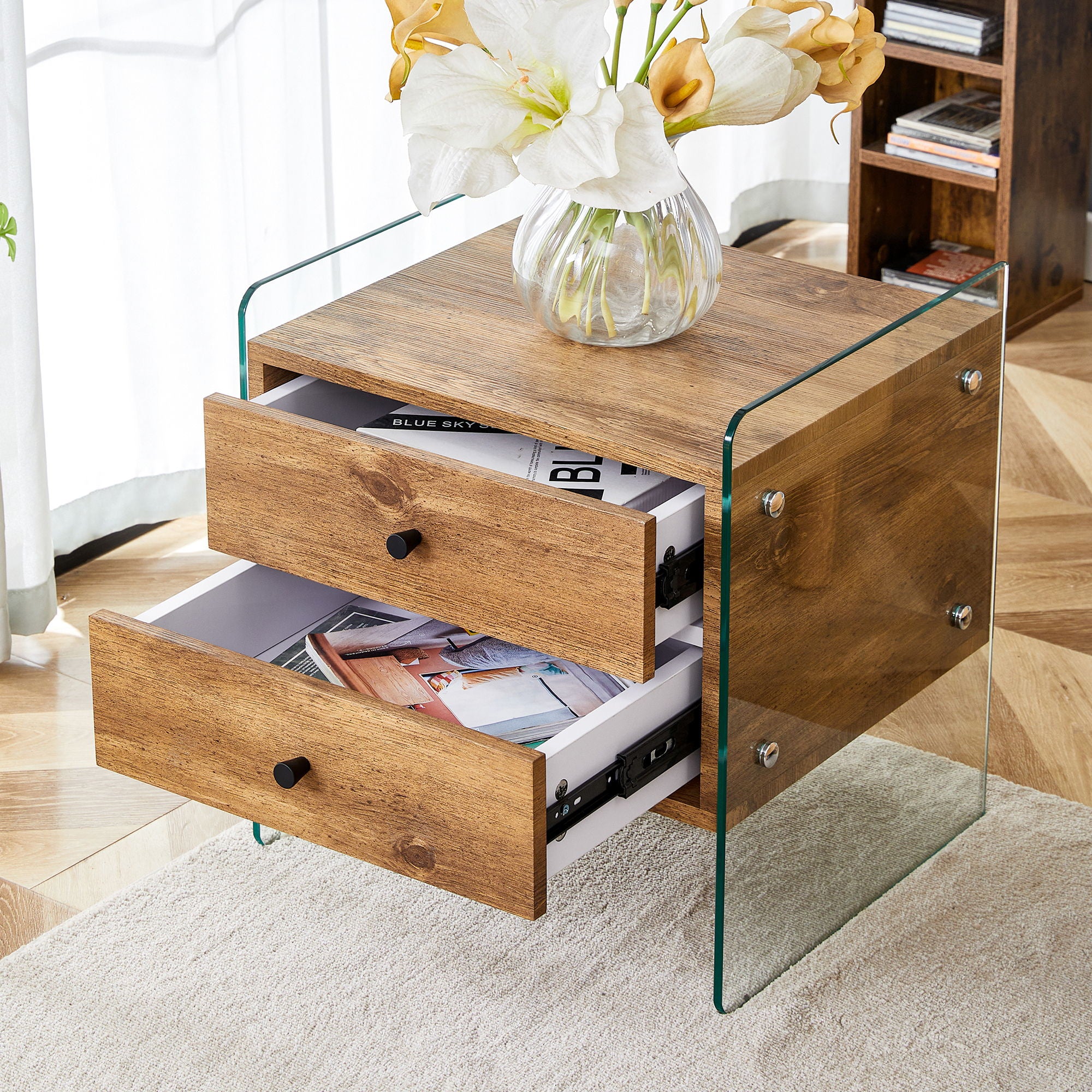 Double Drawer Bedside Table - Wood