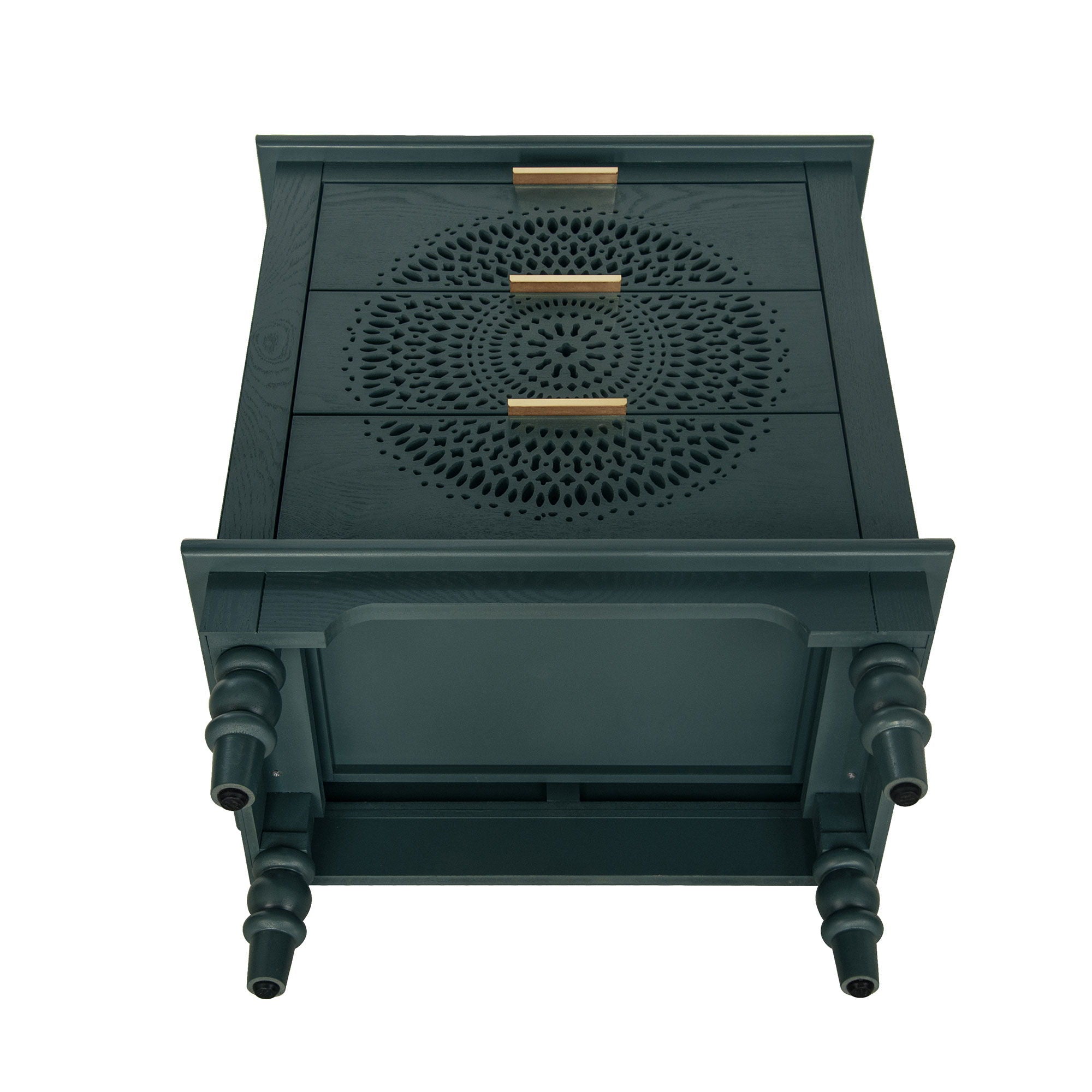 Hollow Carved 3 Drawer Dresser With Metal Handles, Storage Chest For Living Room Or Bedroom - Blackish Green