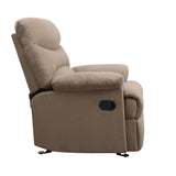 The lovely Arcadia Glider recliner offers comfort, style and value for any home. A smooth microfiber seat cushion provides relaxation from seat to toe with an easy to reach external handle for operating the reclining mechanism.