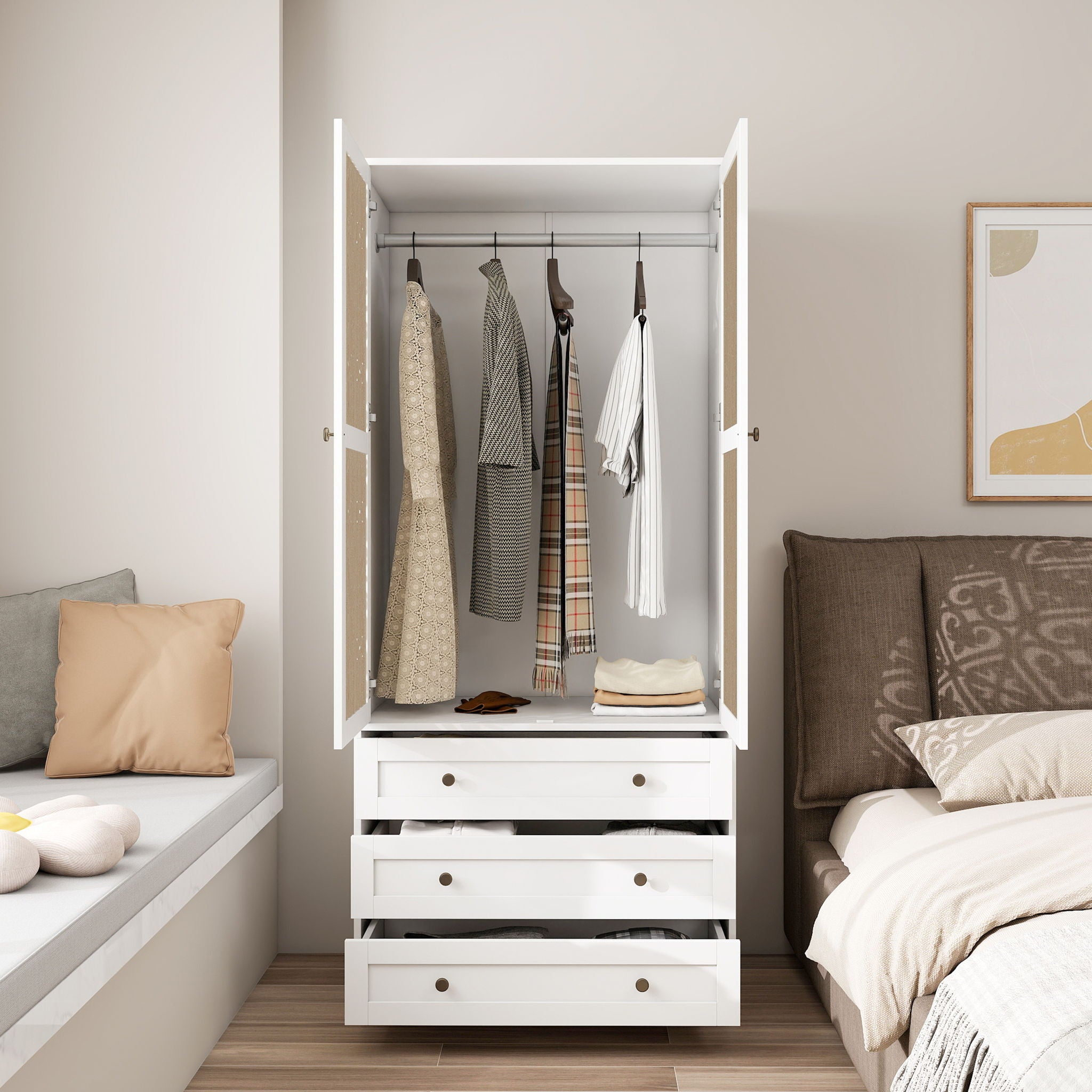 Hollow Pattern 2 Door 3 Drawer Wardrobe, The Collision Of Wood Color, Suitable For Bedrooms And Dressing Rooms - White