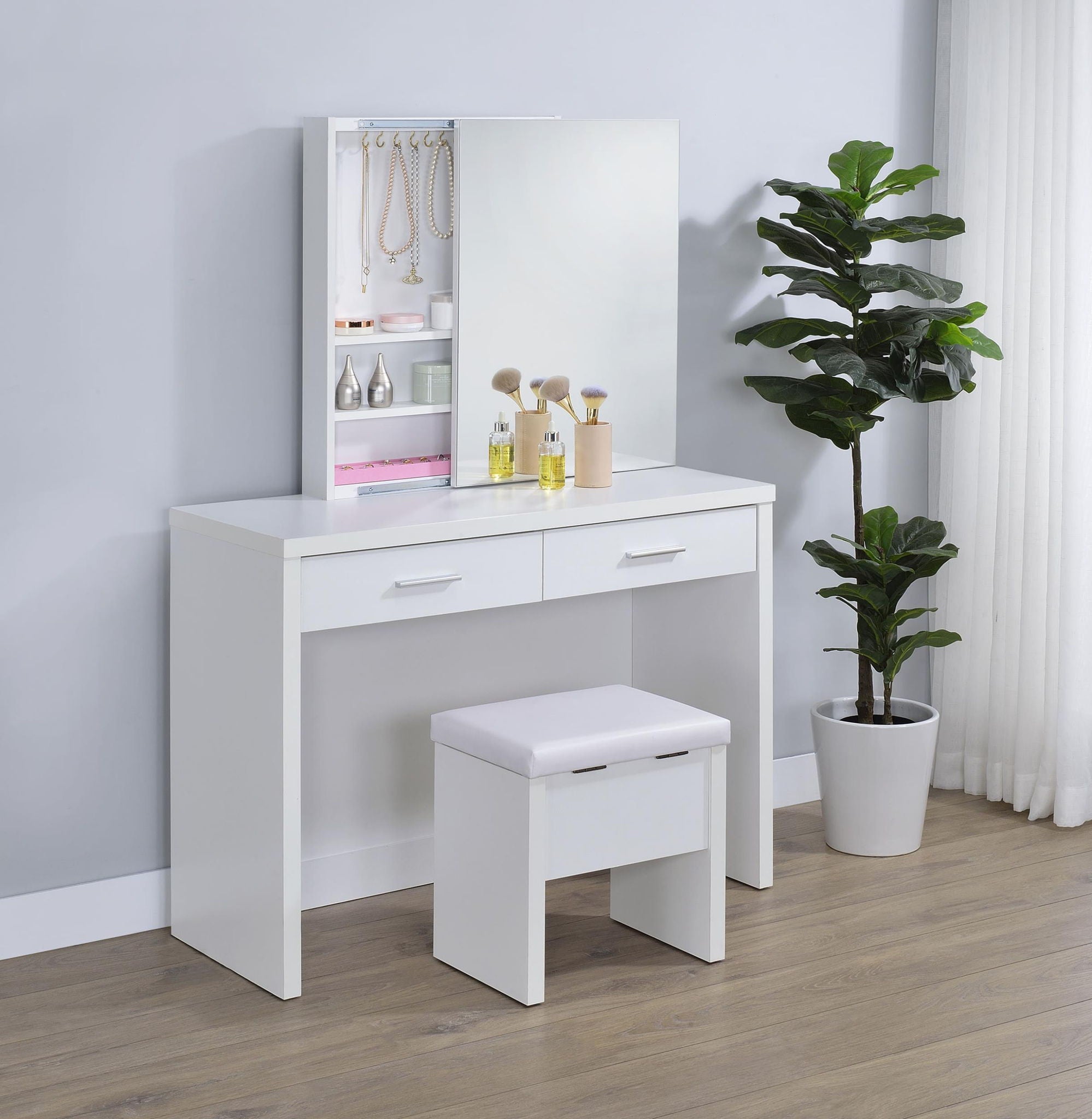 Bunbury Makeup Vanity Table Set Storage Mirror and Stool White