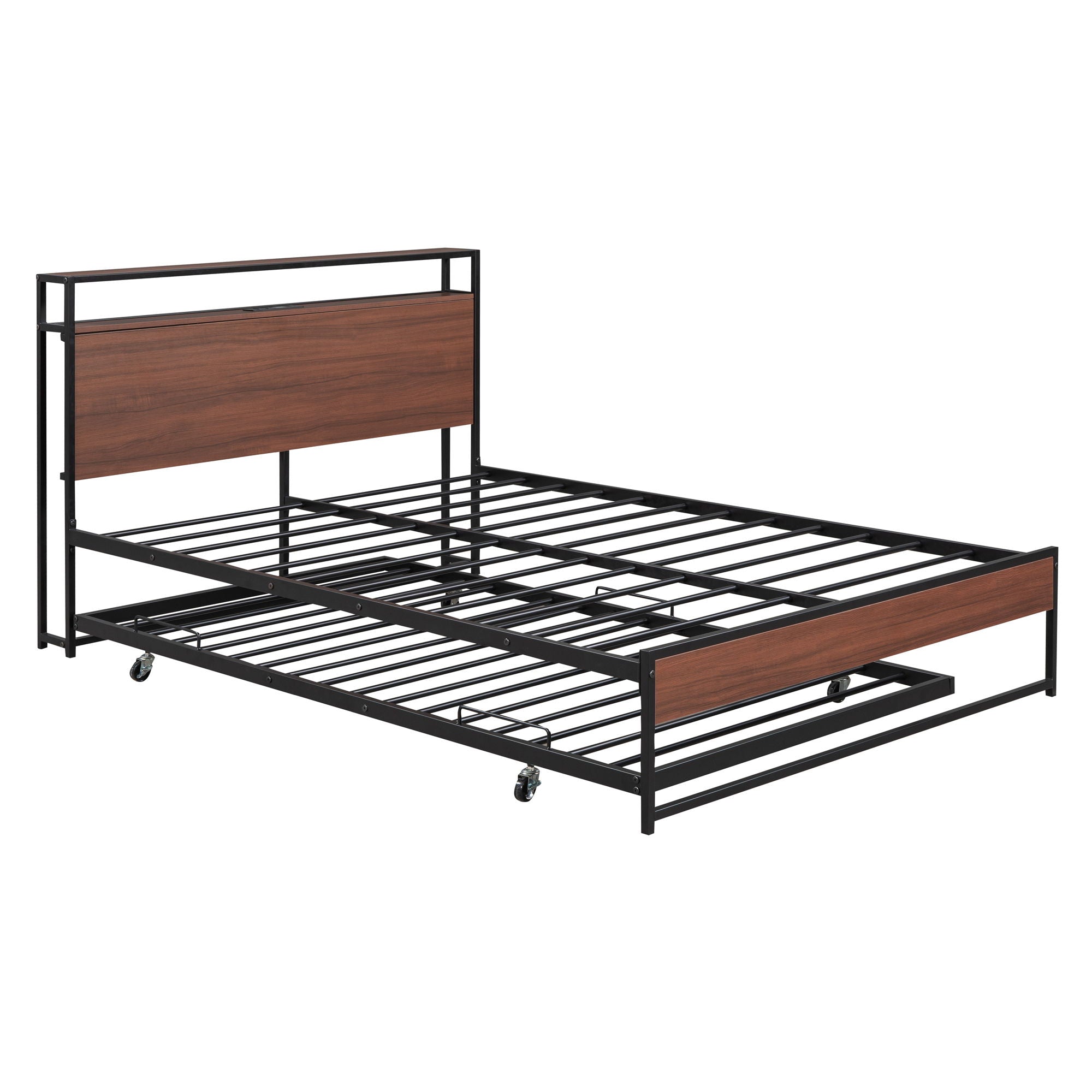 Platform Bed Frame With Trundle, USB Ports And Slat Support, No Box Spring Needed