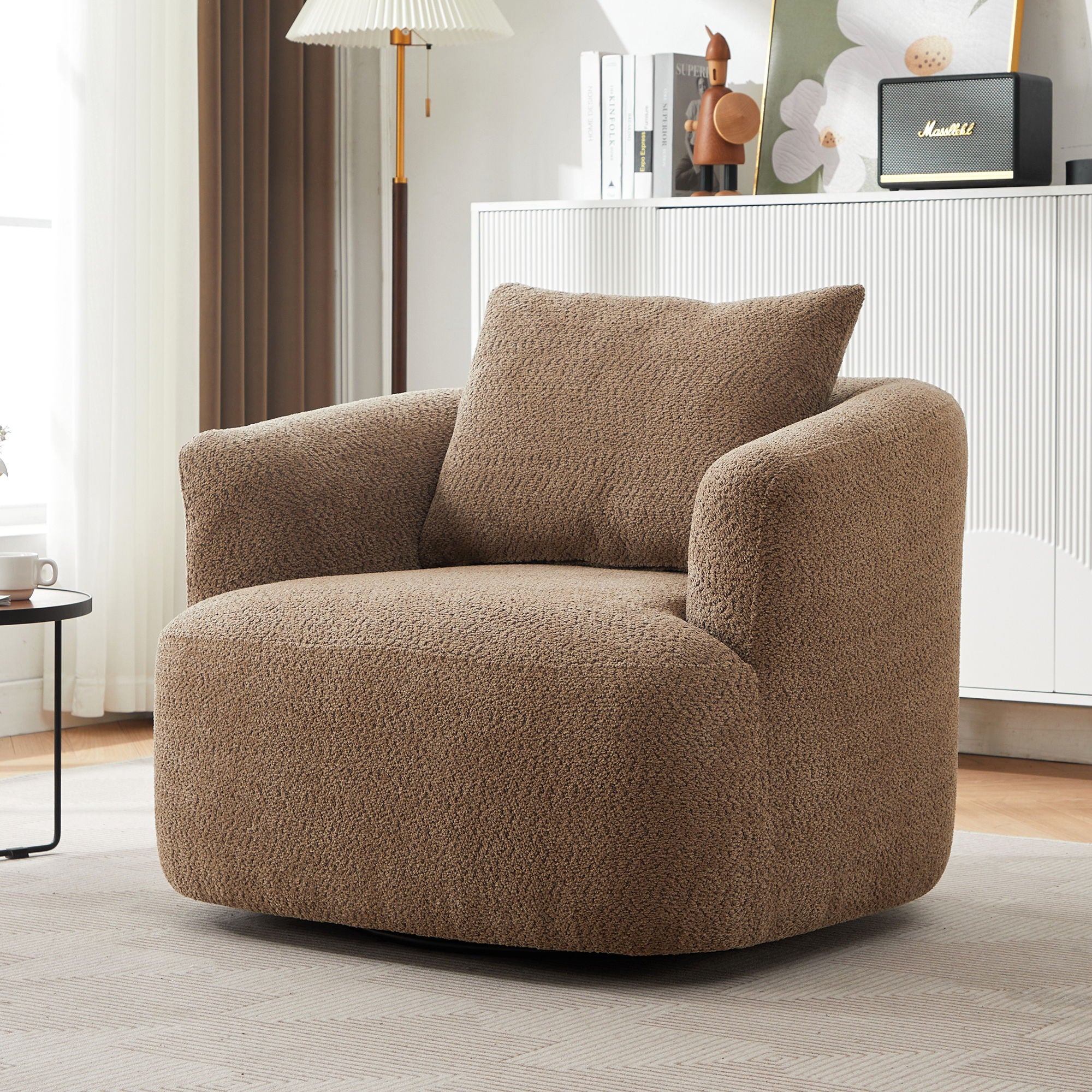 360° Swivel Barrel Sofa Chair With Throw Pillow, Chenille Upholstered Accent Chair