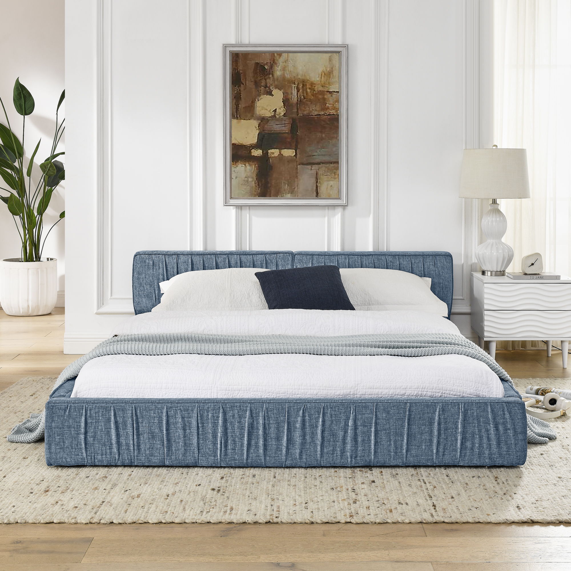 Modern Upholstered Platform Bed Frame With Pleated Design